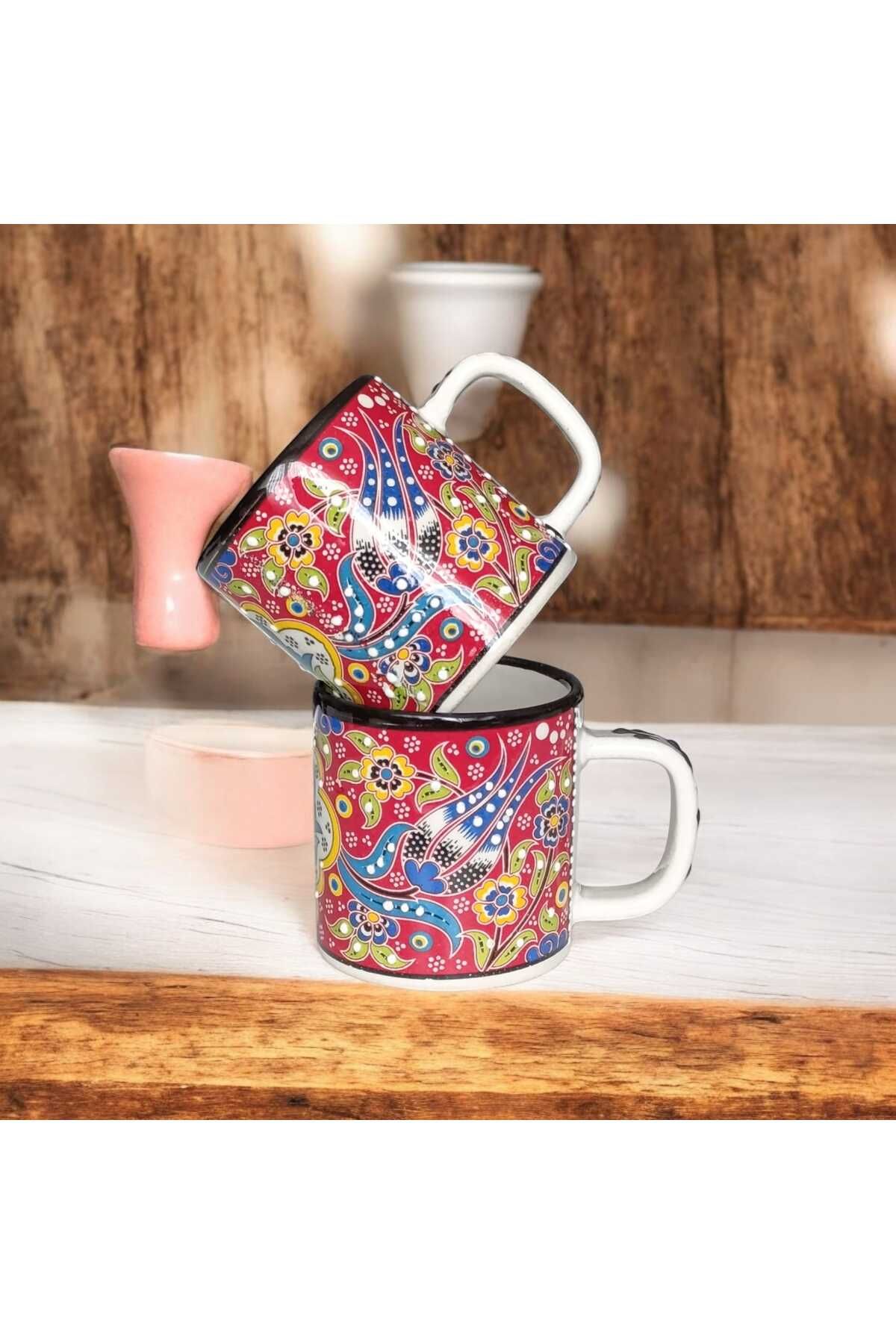 AGH 2'Lİ ÇİNİ DESENLİ SERAMİK EL İŞÇİLİĞİ KABARTMA ÇİÇEK MOTİFLİ KUPA - MUG BARDAĞI