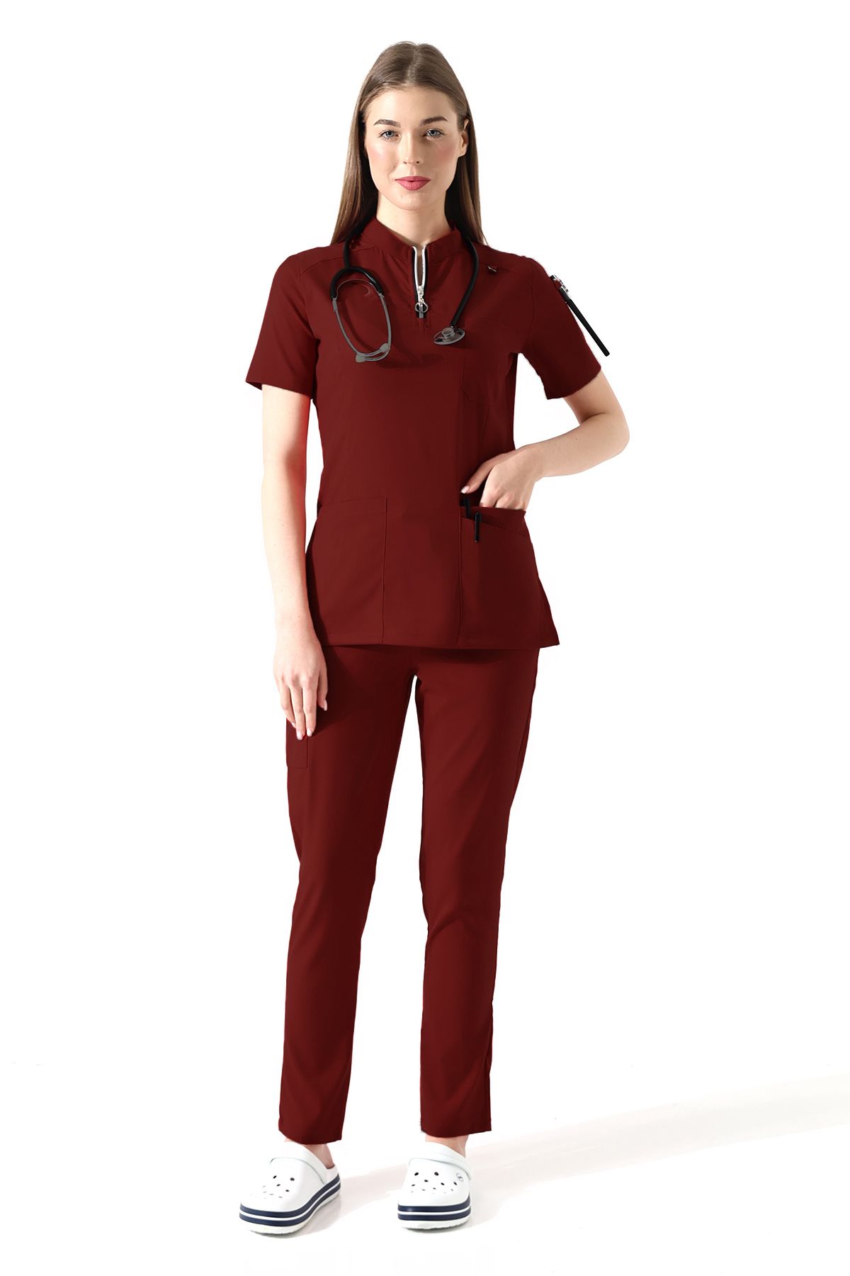 T\u0130JA Burgundy Premium Flex Doctor Nurse Uniform, Shift Suit, Lycra ...