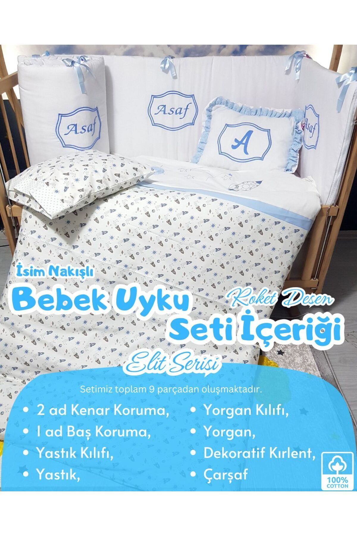 bebek iklimi Elit Serisi 80x130 İsimli Bebek Uyku Seti Pamuklu - Mavi Roket, Nakışlı Kenar Korumalık ve Kırlent