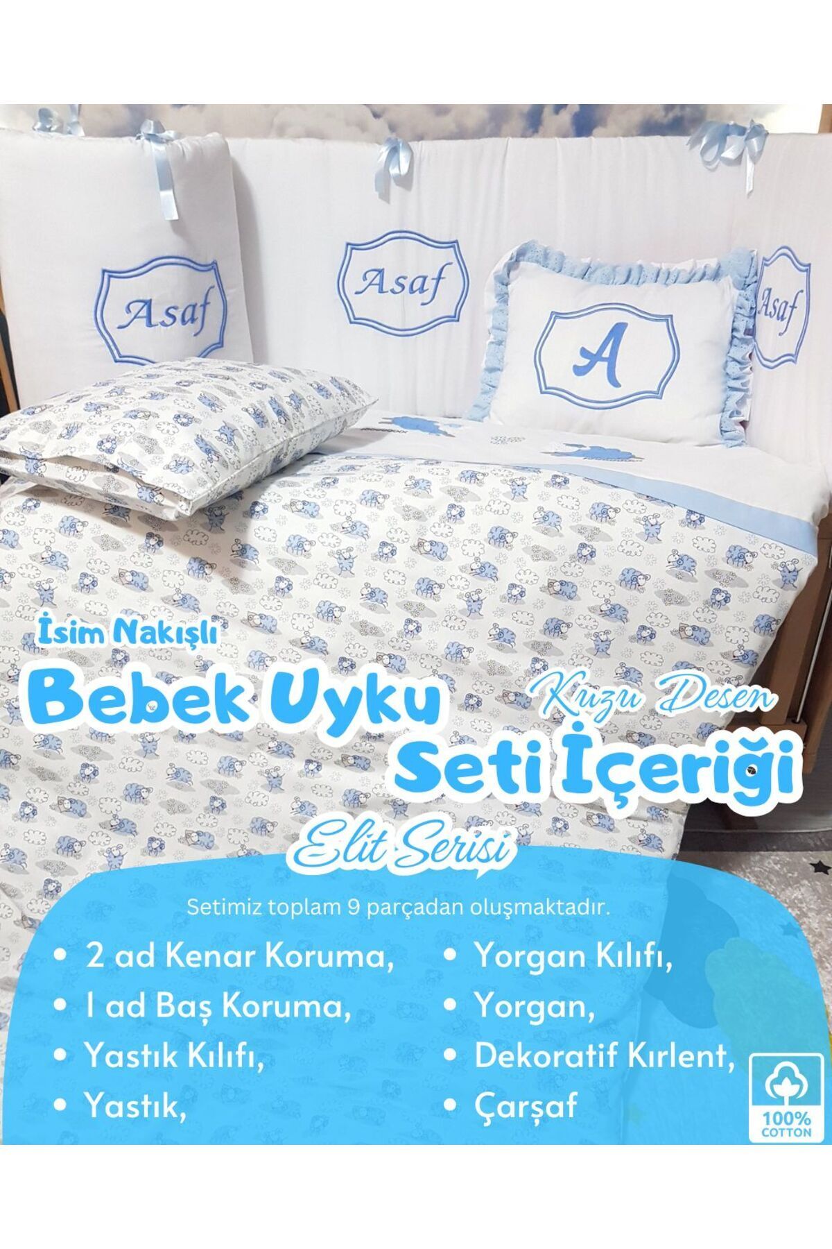 bebek iklimi Elit Serisi 60x120 İsimli Bebek Uyku Seti Pamuklu - Mavi Kuzu, Nakışlı Kenar Korumalık ve Kırlent