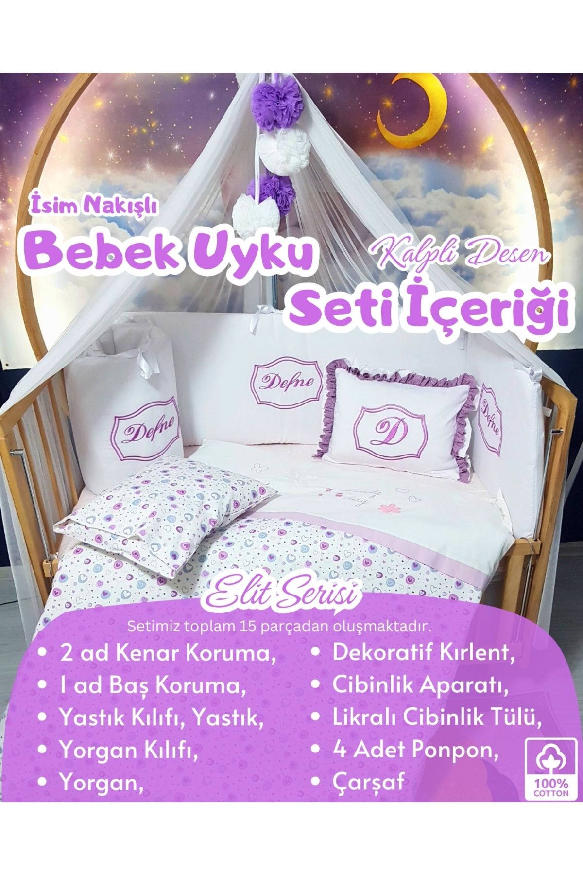 bebek iklimi Elit Serisi 60x120 Bebek Uyku Seti Pamuklu - Lila Kalp, Lüks Cibinlikli ve İsim Nakışlı Kırlent