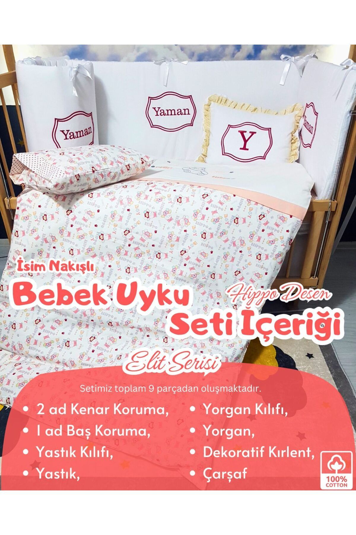 bebek iklimi Elit Serisi 60x120 İsimli Bebek Uyku Seti Pamuklu - Kırmızı Hippo, Nakışlı Yan Korumalık ve Kırlent