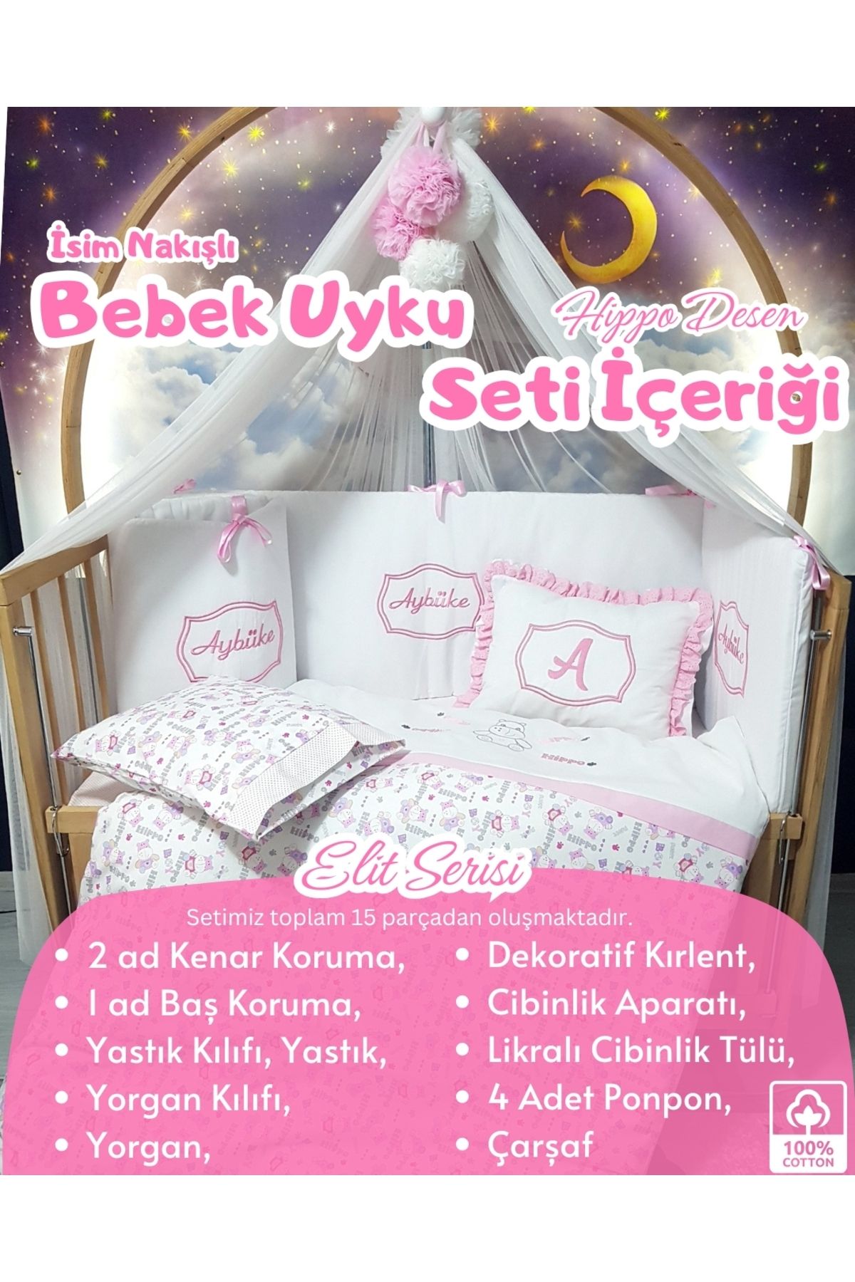 bebek iklimi Elit Serisi 90x130 Bebek Uyku Seti Pamuklu - Pembe Hippo, Likralı Cibinlik ve İsim Nakışlı Kırlent