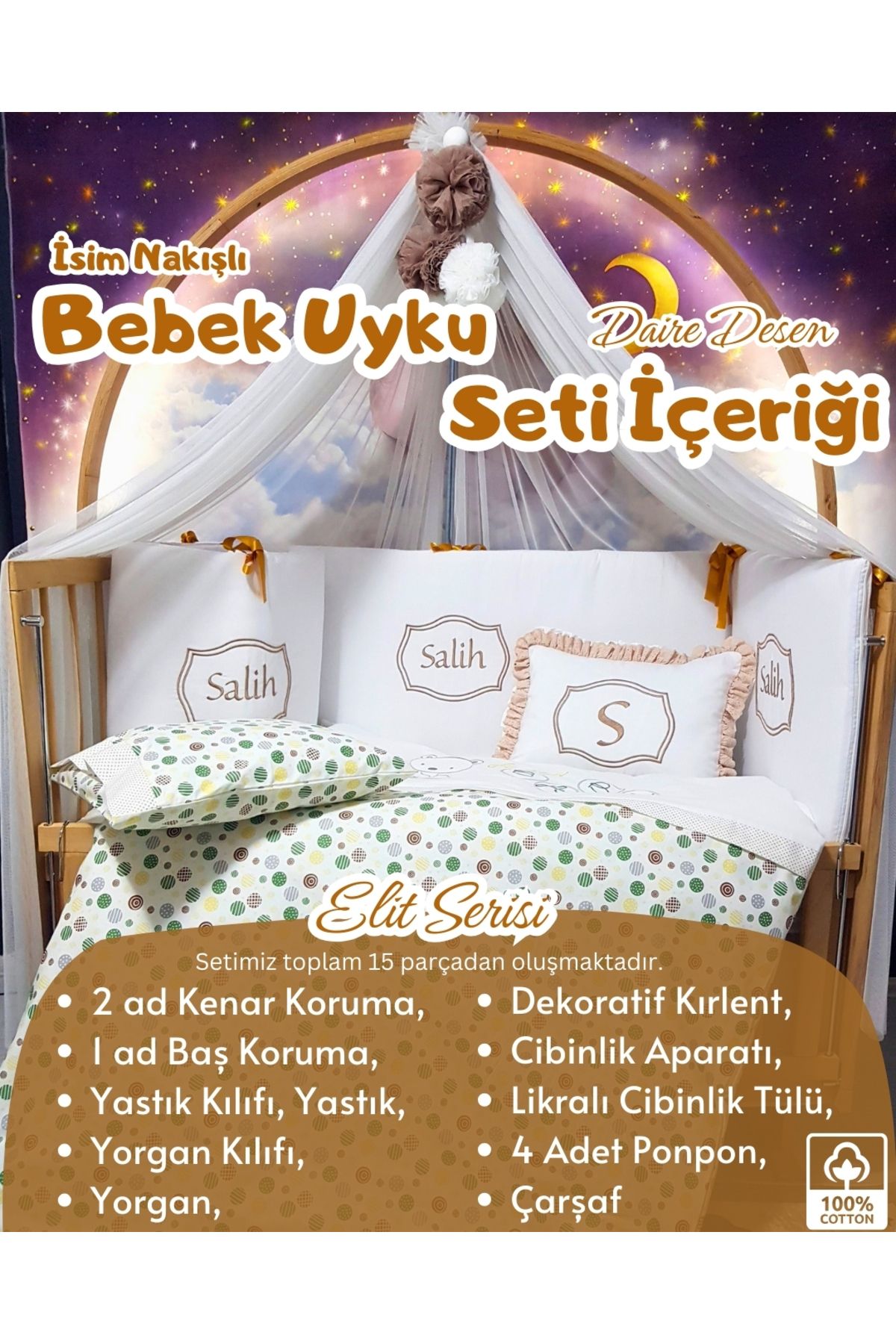 bebek iklimi Elit Serisi 60x120 Bebek Uyku Seti Pamuklu - Kahve Daire, Likralı Cibinlik ve İsim Nakışlı Kırlent