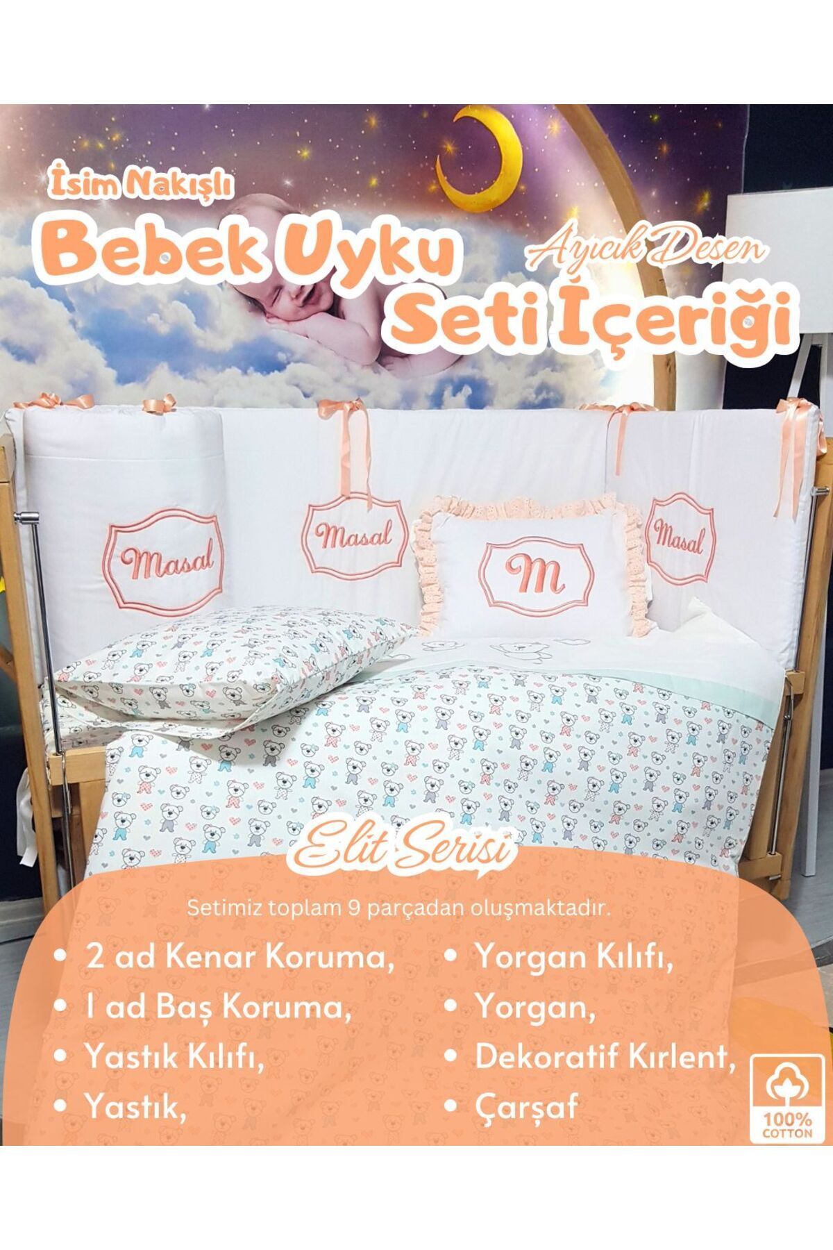 bebek iklimi Elit Serisi 90x130 İsimli Bebek Uyku Seti Pamuklu - Somon Ayıcık, Nakışlı Beşik Korumalık ve Kırlent