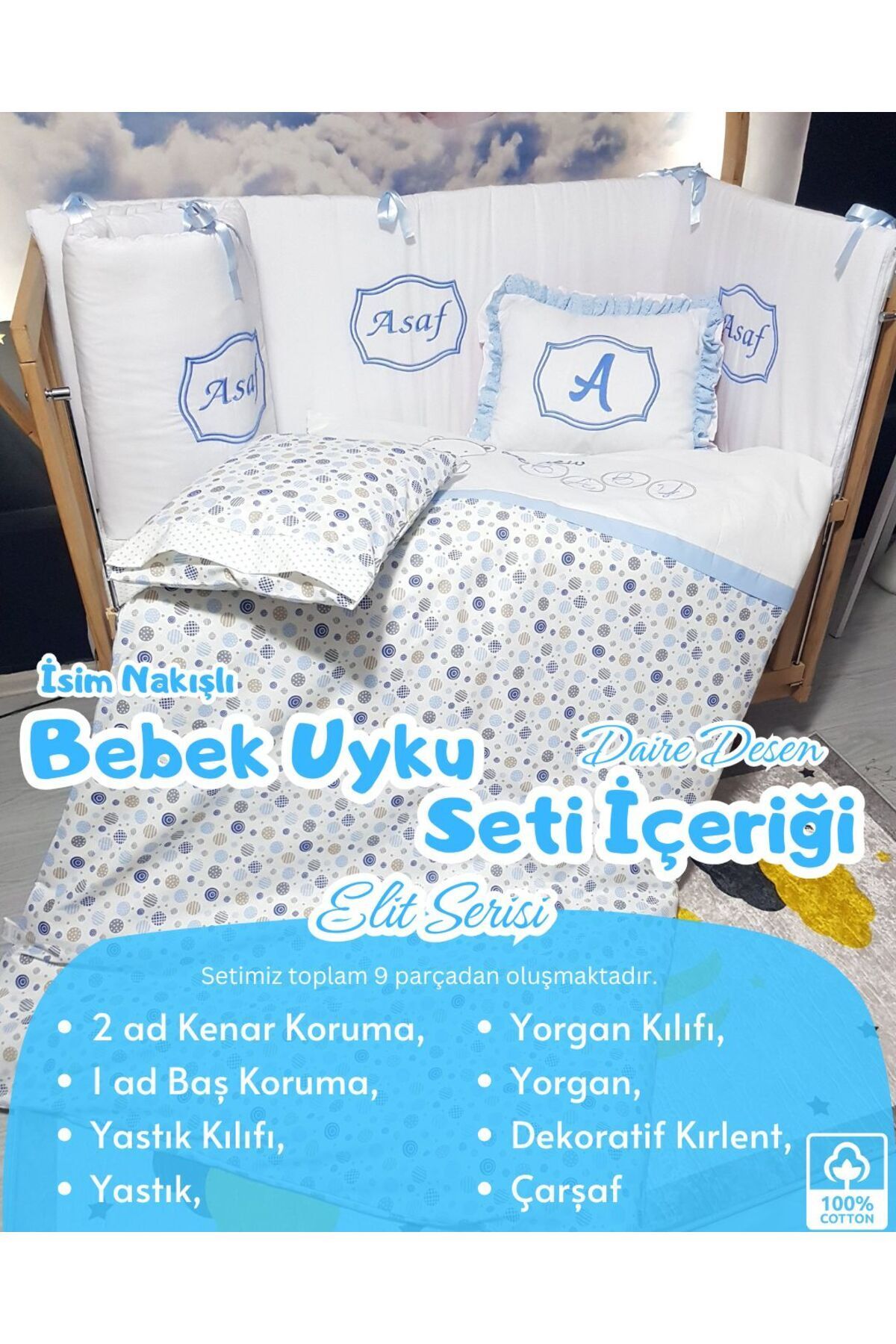 bebek iklimi Elit Serisi 60x120 İsimli Bebek Uyku Seti Pamuklu - Mavi Daire, Nakışlı Kenar Korumalık ve Kırlent