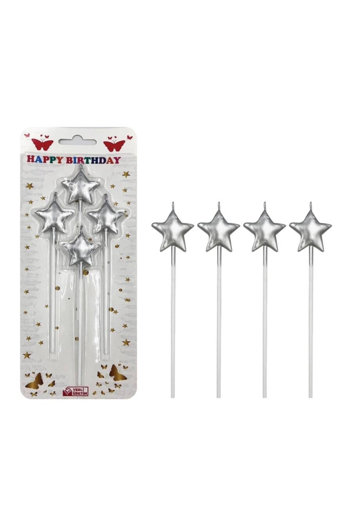 asöy Yıldız Mum Gümüş Parlak Doğum Günü Mumu 14 Cm 4lü Yıldız mum