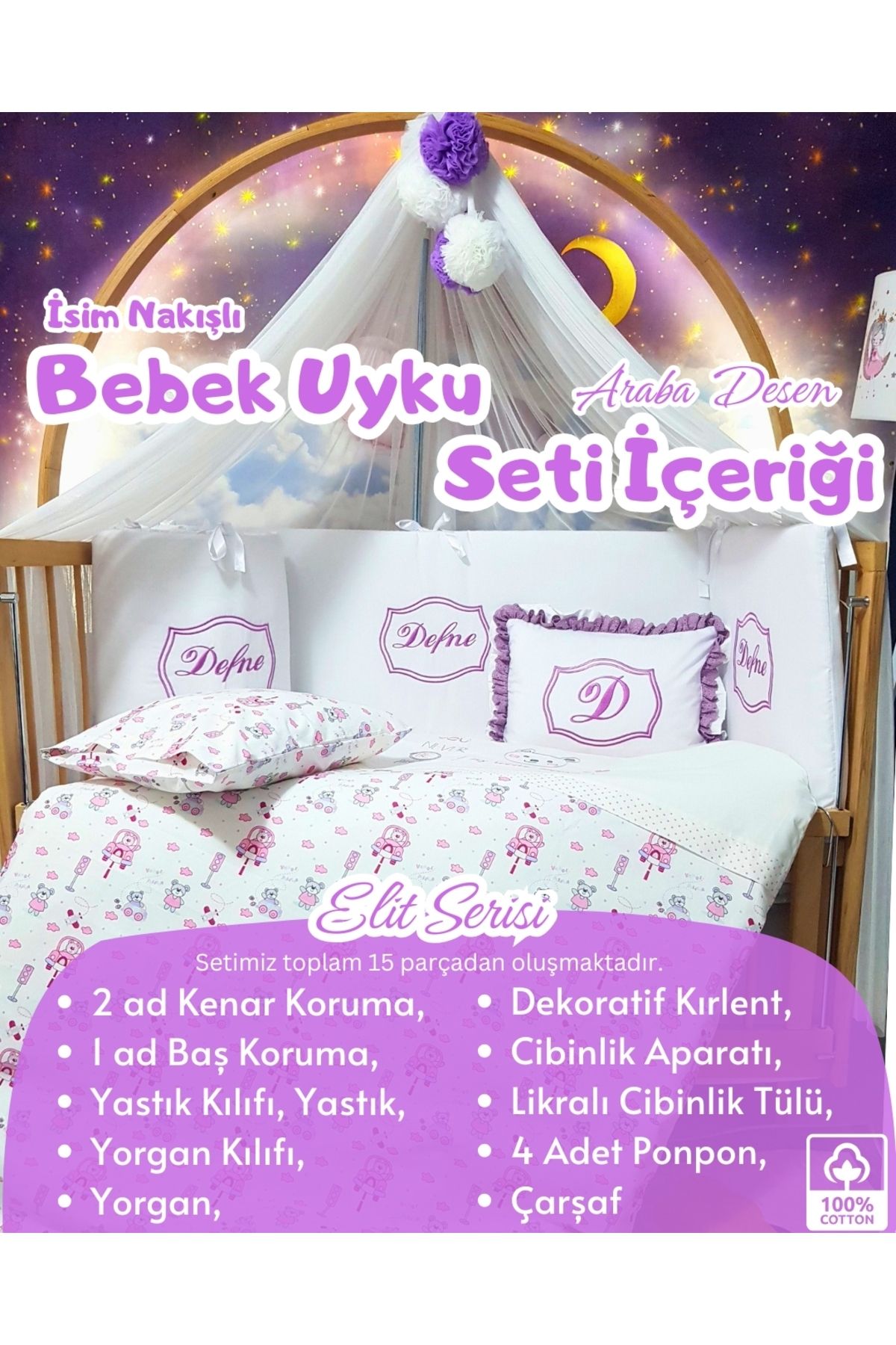 bebek iklimi Elit Serisi 70x130 Bebek Uyku Seti Pamuklu - Lila Araba, Likralı Cibinlik ve İsim Nakışlı Kırlent