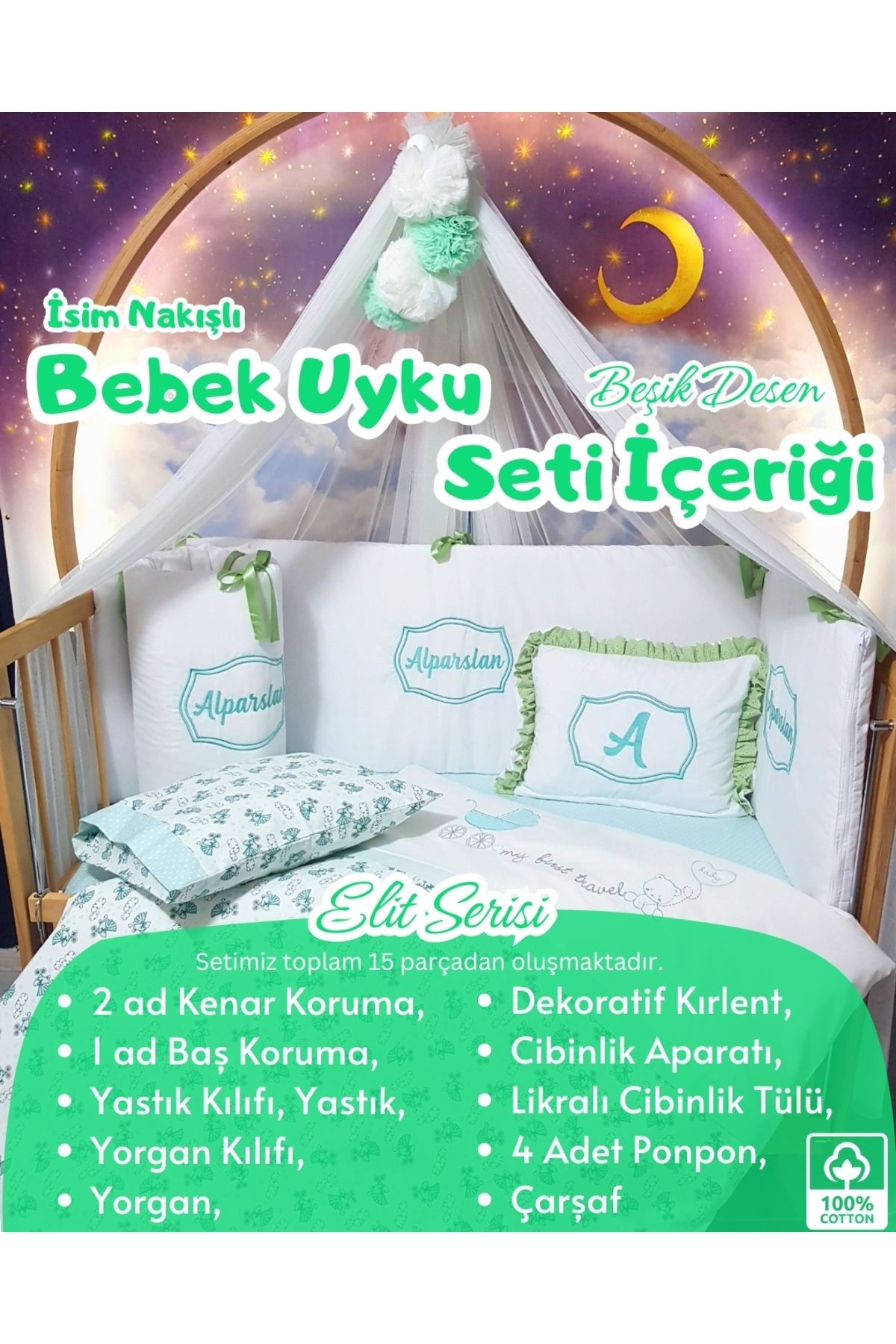 bebek iklimi Elit Serisi 80x130 Bebek Uyku Seti Pamuklu - Yeşil Beşik, Lüks Cibinlikli ve İsim Nakışlı Kırlent