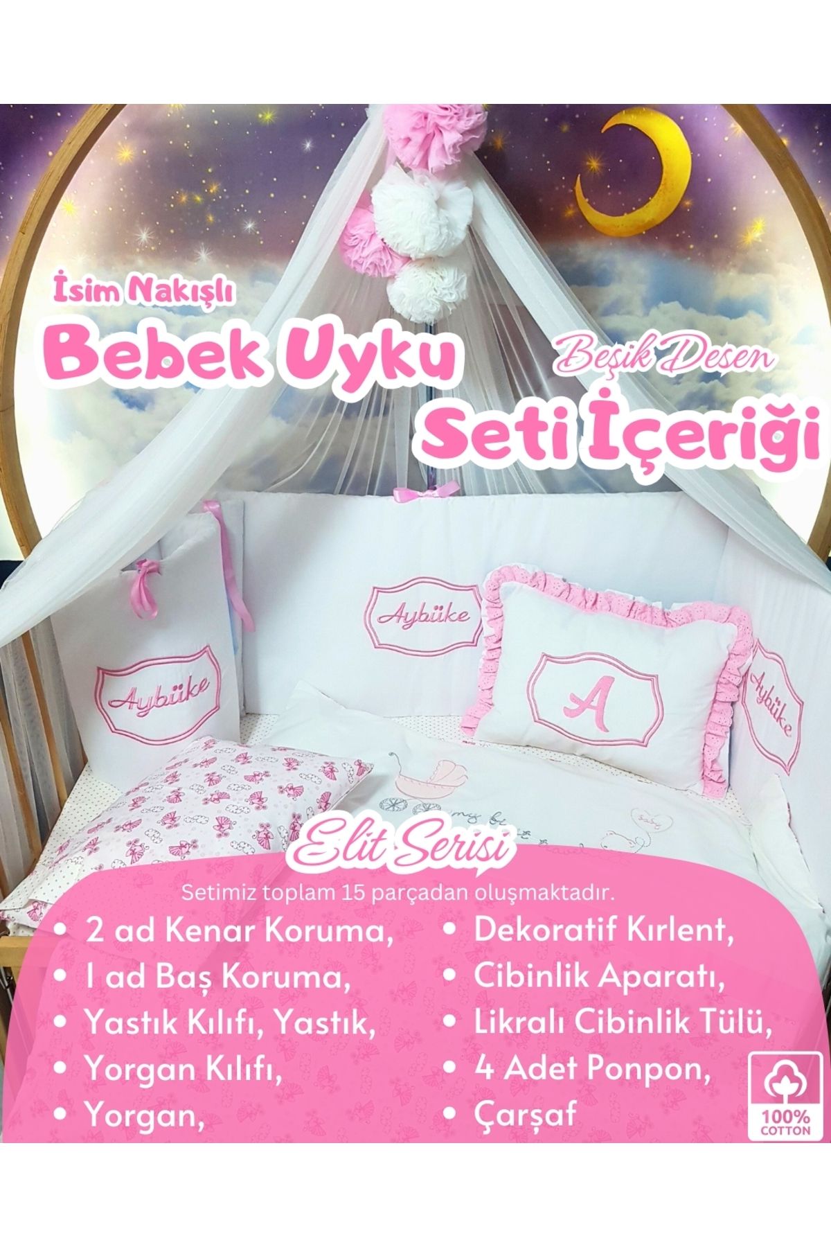 bebek iklimi Elit Serisi 60x120 Bebek Uyku Seti Pamuklu - Pembe Beşik, Likralı Cibinlik ve İsim Nakışlı Kırlent