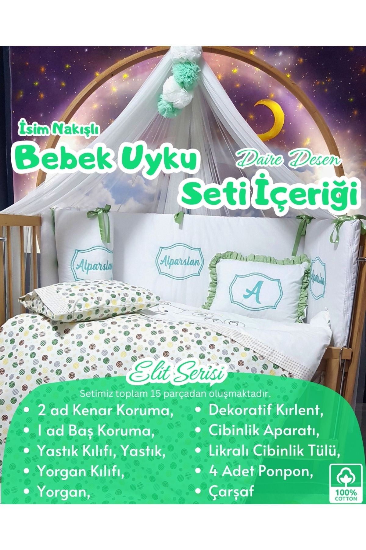 bebek iklimi Elit Serisi 80x130 Bebek Uyku Seti Pamuklu - Yeşil Daire, Lüks Cibinlikli ve İsim Nakışlı Kırlent