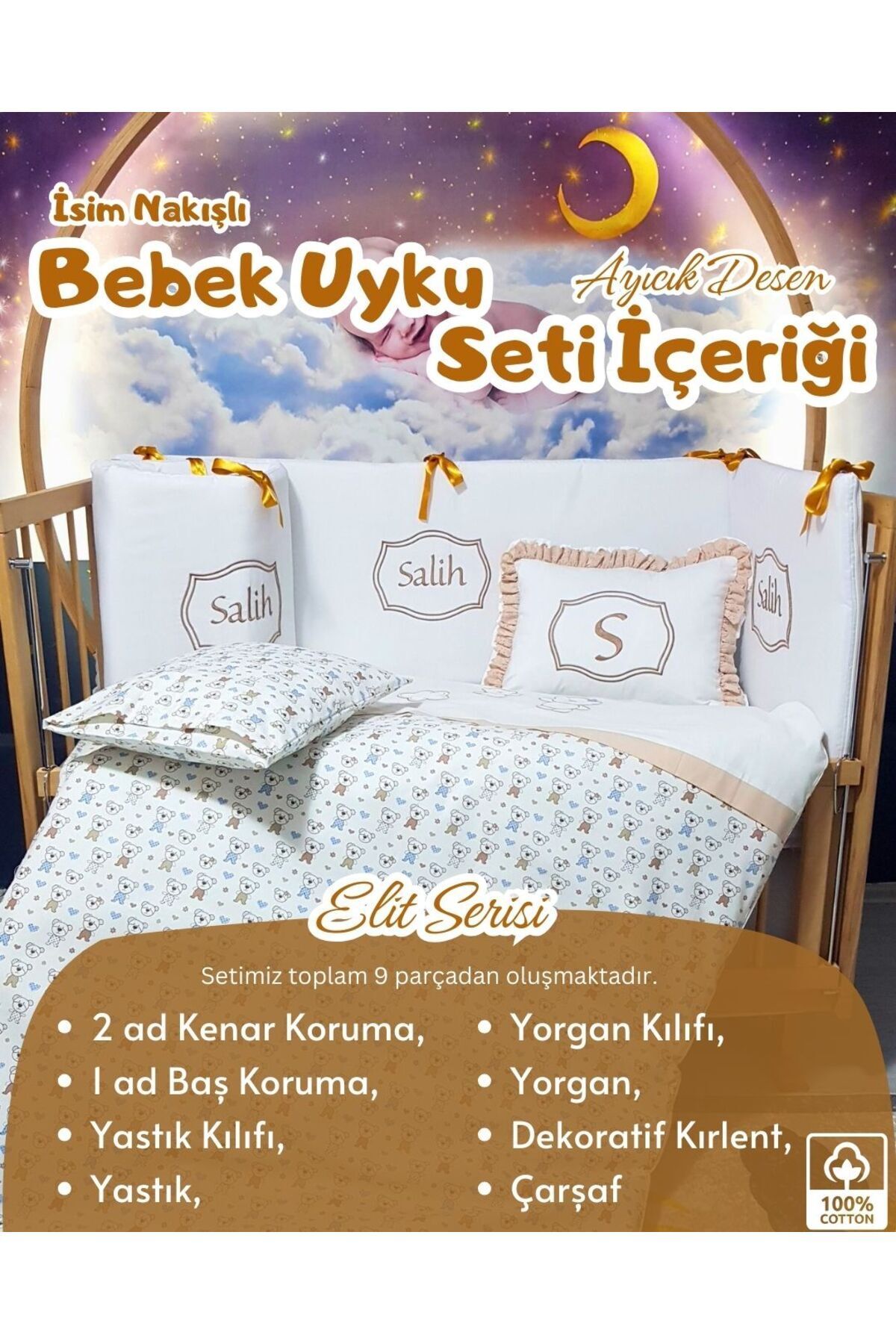 bebek iklimi Elit Serisi 60x120 İsimli Bebek Uyku Seti Pamuklu - Kahve Ayıcık, Nakışlı Beşik Korumalık ve Kırlent