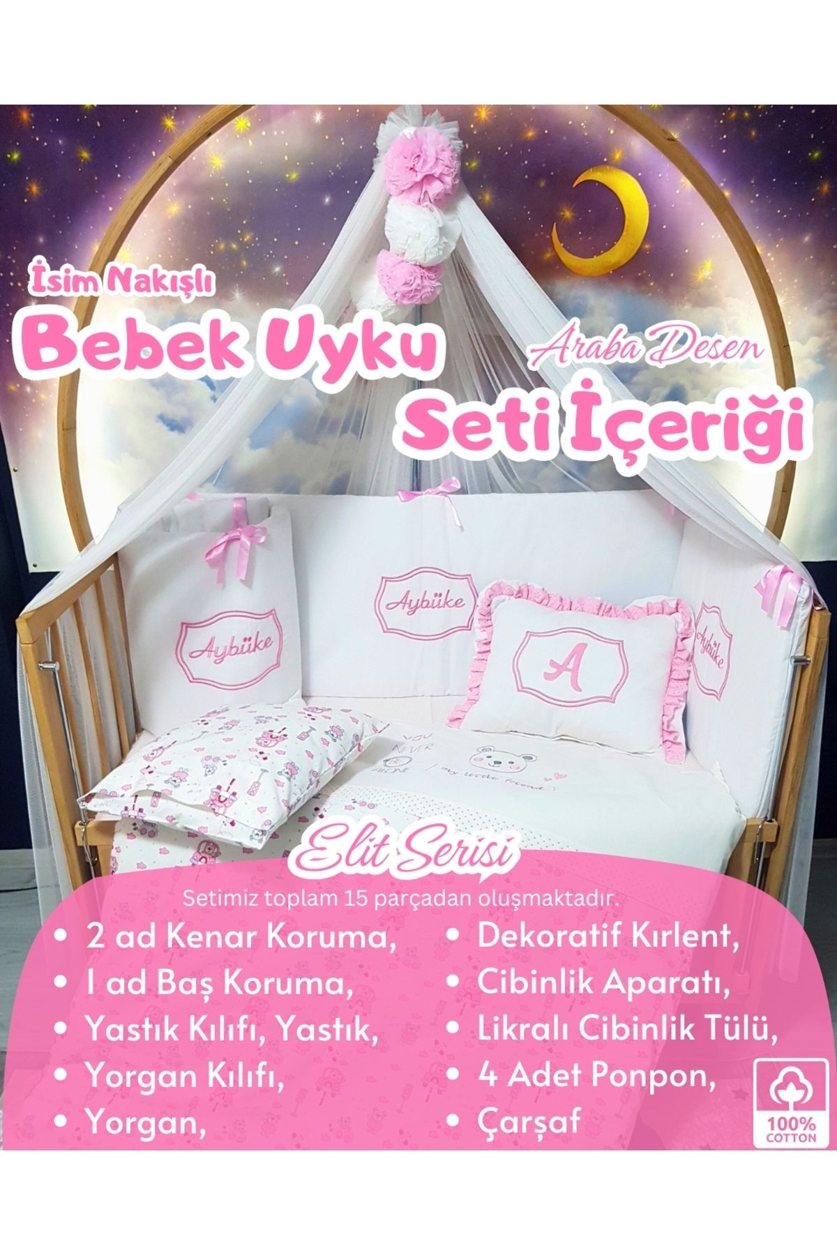 bebek iklimi Elit Serisi 60x120 Bebek Uyku Seti Pamuklu - Pembe Araba, Lüks Cibinlikli ve İsim Nakışlı Kırlent