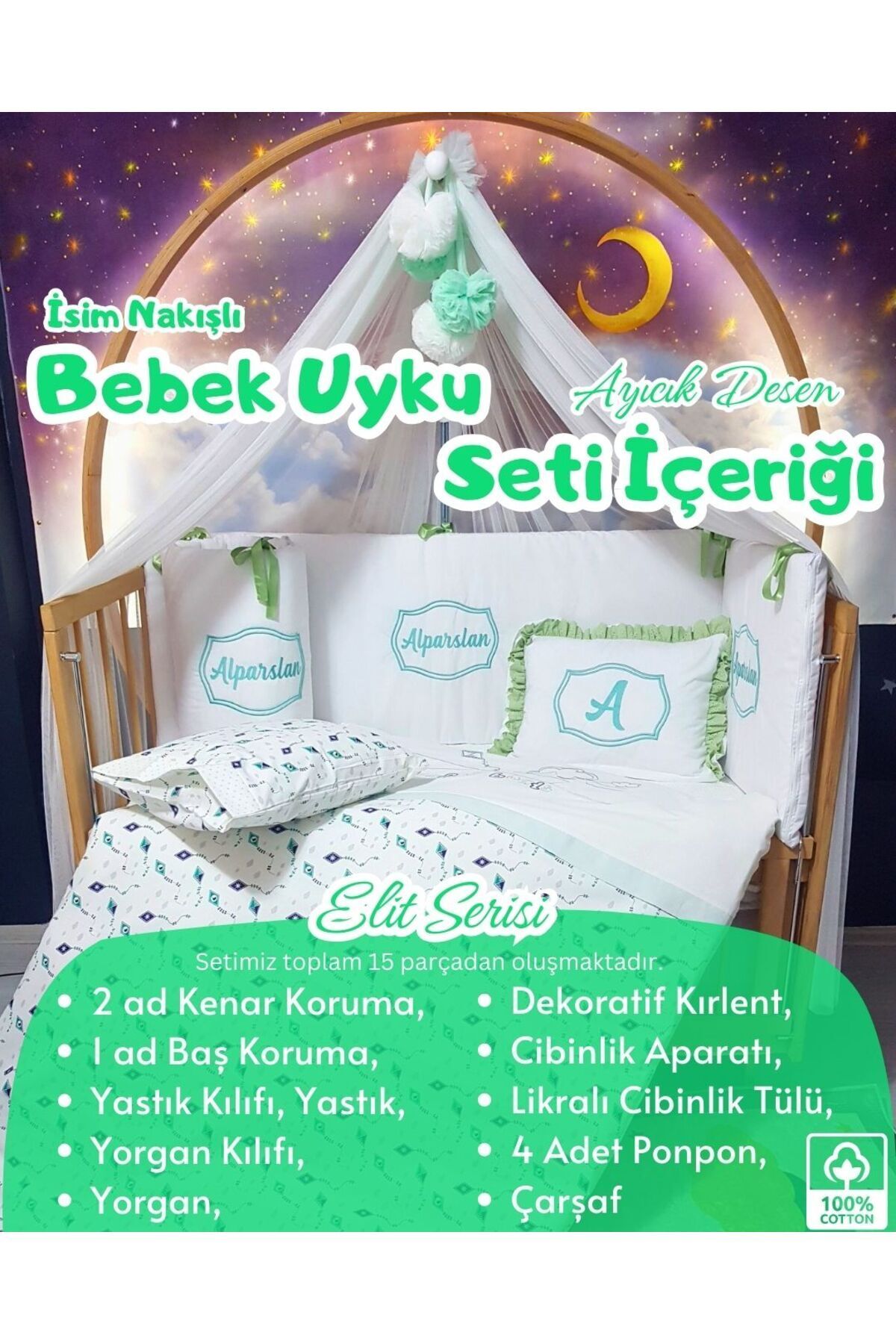 bebek iklimi Elit Serisi 80x130 Bebek Uyku Seti Pamuklu - Yeşil Ayıcık, Lüks Cibinlikli ve İsim Nakışlı Kırlent