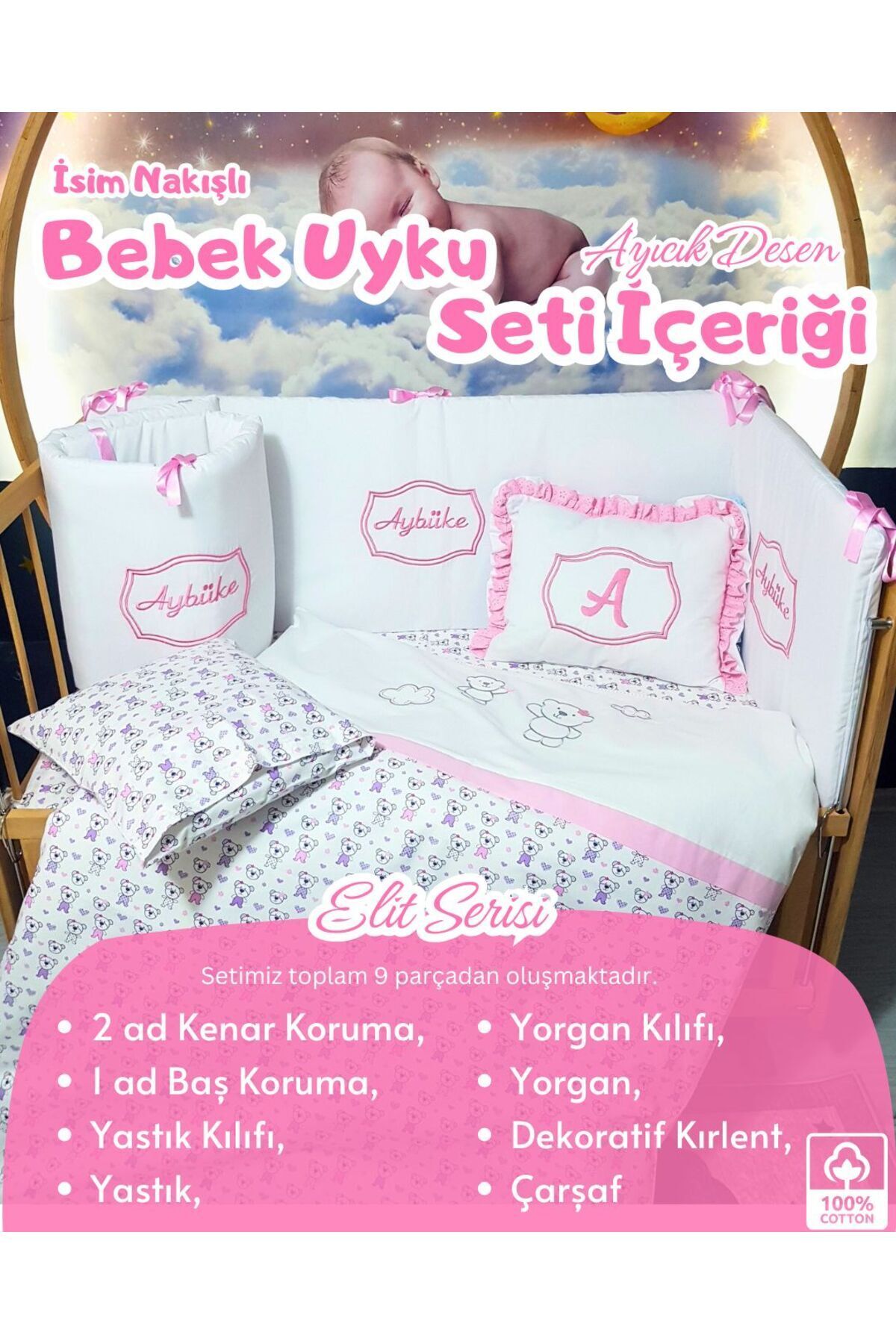 bebek iklimi Elit Serisi 80x130 İsimli Bebek Uyku Seti Pamuklu - Pembe Ayıcık, Nakışlı Beşik Korumalık ve Kırlent