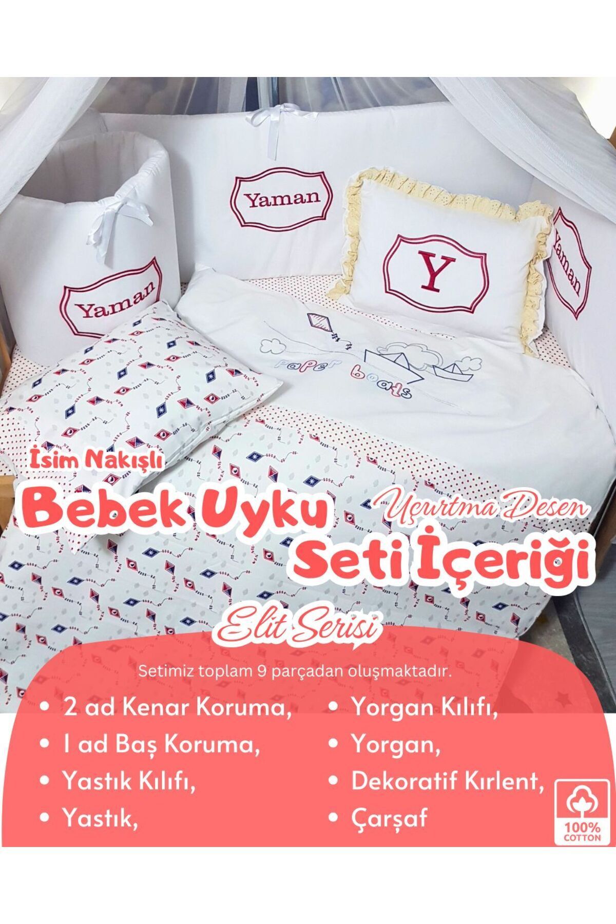 bebek iklimi Elit Serisi 80x130 İsimli Bebek Uyku Seti Pamuklu - Kırmızı Uçurtma Nakışlı Yan Korumalık ve Kırlent