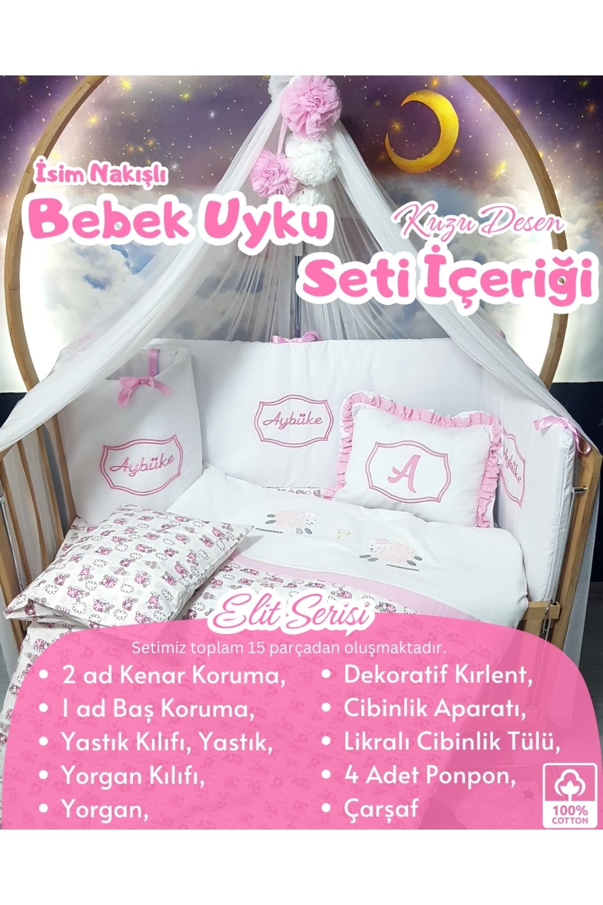 bebek iklimi Elit Serisi 80x130 Bebek Uyku Seti Pamuklu - Pembe Kuzu, Likralı Cibinlik ve İsim Nakışlı Kırlent