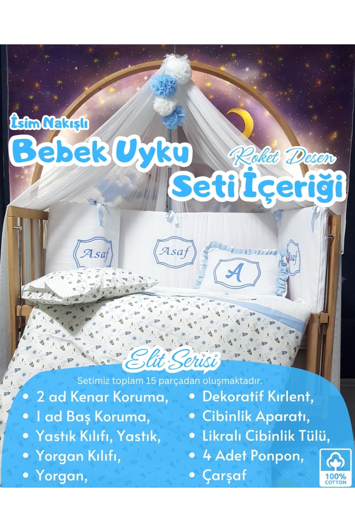 bebek iklimi Elit Serisi 90x130 Bebek Uyku Seti Pamuklu - Mavi Roket, Likralı Cibinlik ve İsim Nakışlı Kırlent