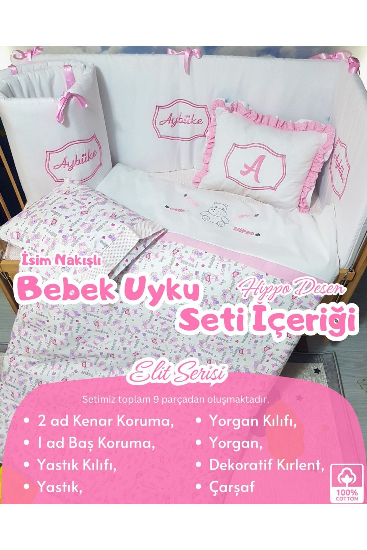 bebek iklimi Elit Serisi 70x130 İsimli Bebek Uyku Seti Pamuklu - Pembe Hippo, Nakışlı Kenar Korumalık ve Kırlent