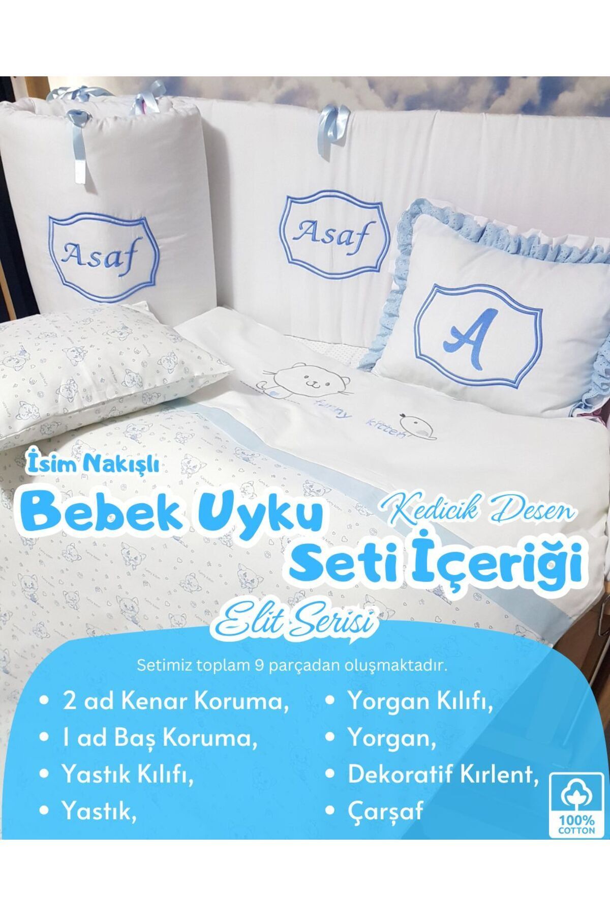 bebek iklimi Elit Serisi 60x120 İsimli Bebek Uyku Seti Pamuklu - Mavi Kedicik, Nakışlı Beşik Korumalık ve Kırlent