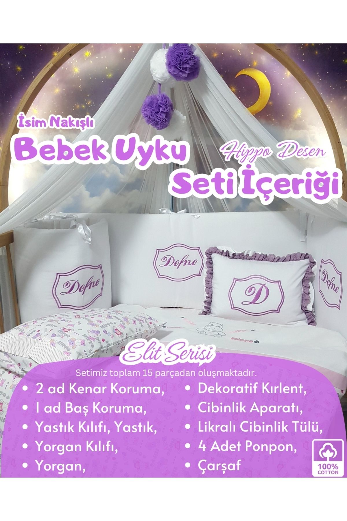 bebek iklimi Elit Serisi 80x130 Bebek Uyku Seti Pamuklu - Lila Hippo, Likralı Cibinlik ve İsim Nakışlı Kırlent