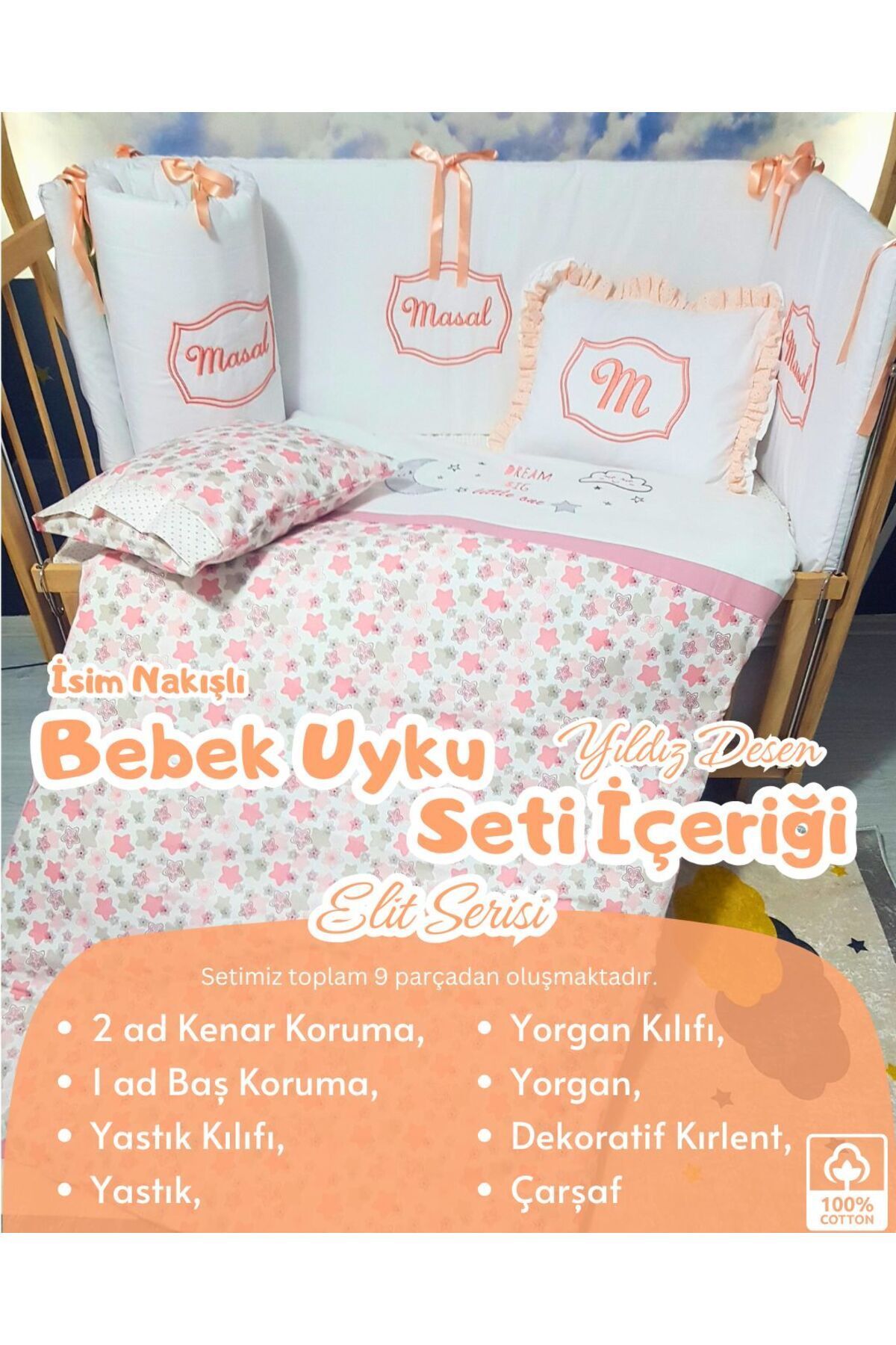 bebek iklimi Elit Serisi 70x130 İsimli Bebek Uyku Seti Pamuklu - Somon Yıldız, Nakışlı Beşik Korumalık ve Kırlent