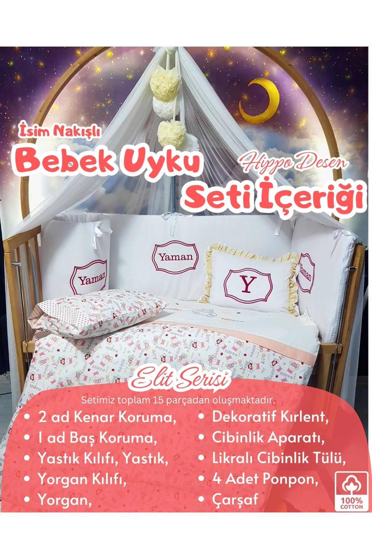 bebek iklimi Elit Serisi 80x130 Bebek Uyku Seti Pamuklu - Kırmızı Hippo, Lüks Cibinlikli ve İsim Nakışlı Kırlent