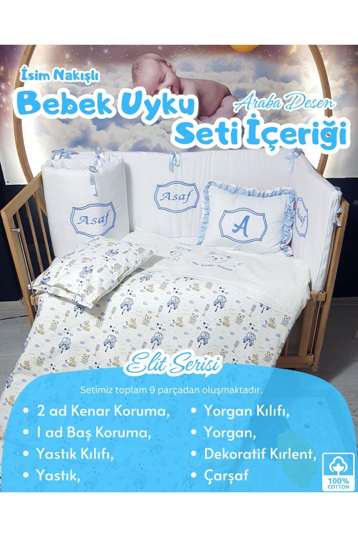 bebek iklimi Elit Serisi 90x130 İsimli Bebek Uyku Seti Pamuklu - Mavi Araba, Nakışlı Kenar Korumalık ve Kırlent