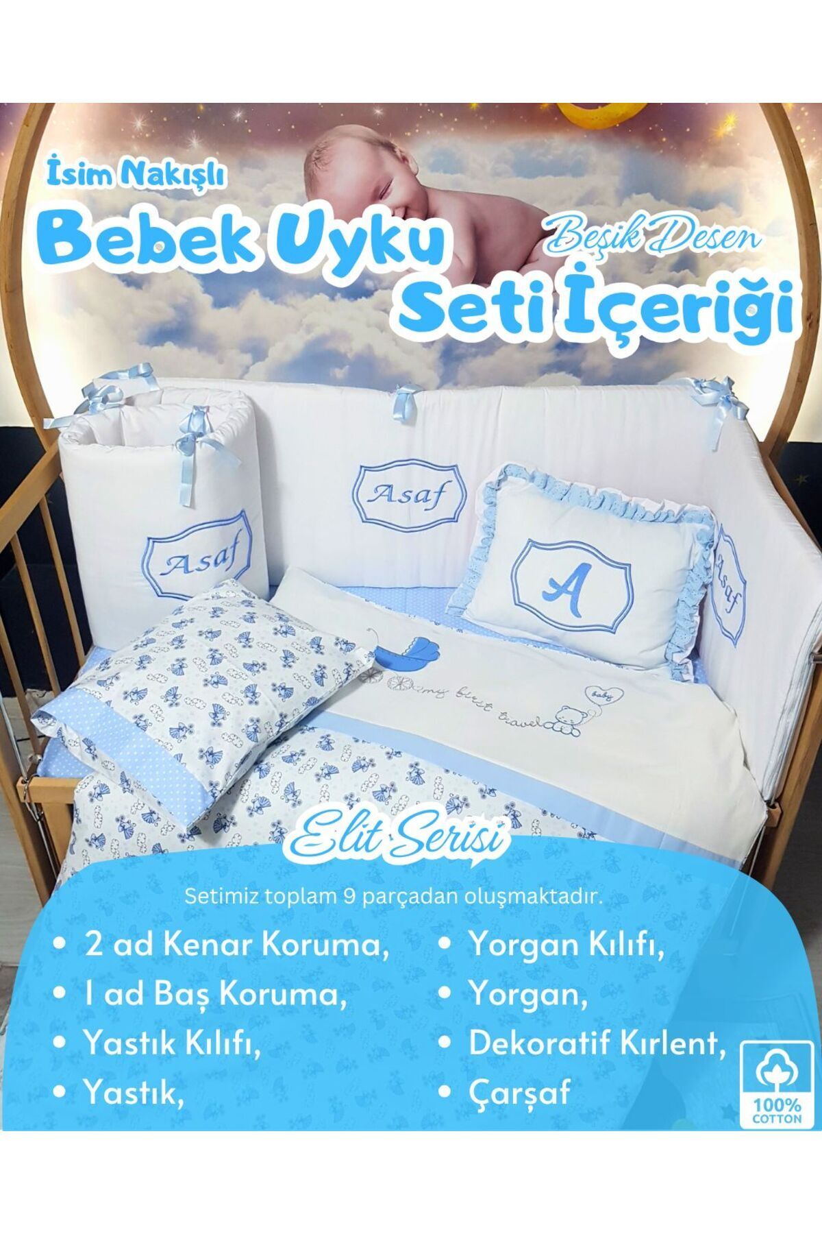 bebek iklimi Elit Serisi 60x120 İsimli Bebek Uyku Seti Pamuklu - Mavi Beşik, Nakışlı Kenar Korumalık ve Kırlent