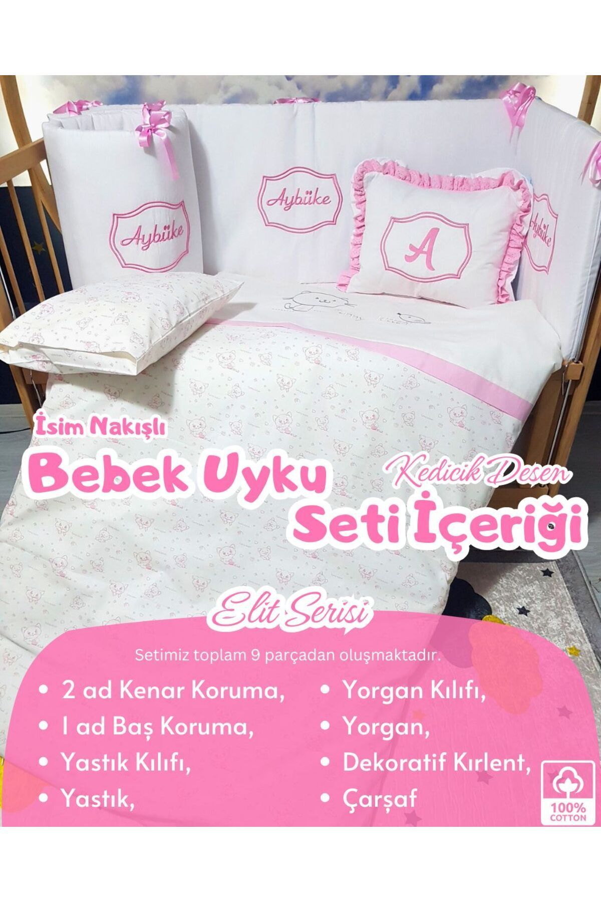 bebek iklimi Elit Serisi 60x120 İsimli Bebek Uyku Seti Pamuklu - Pembe Kedicik, Nakışlı Yan Korumalık ve Kırlent