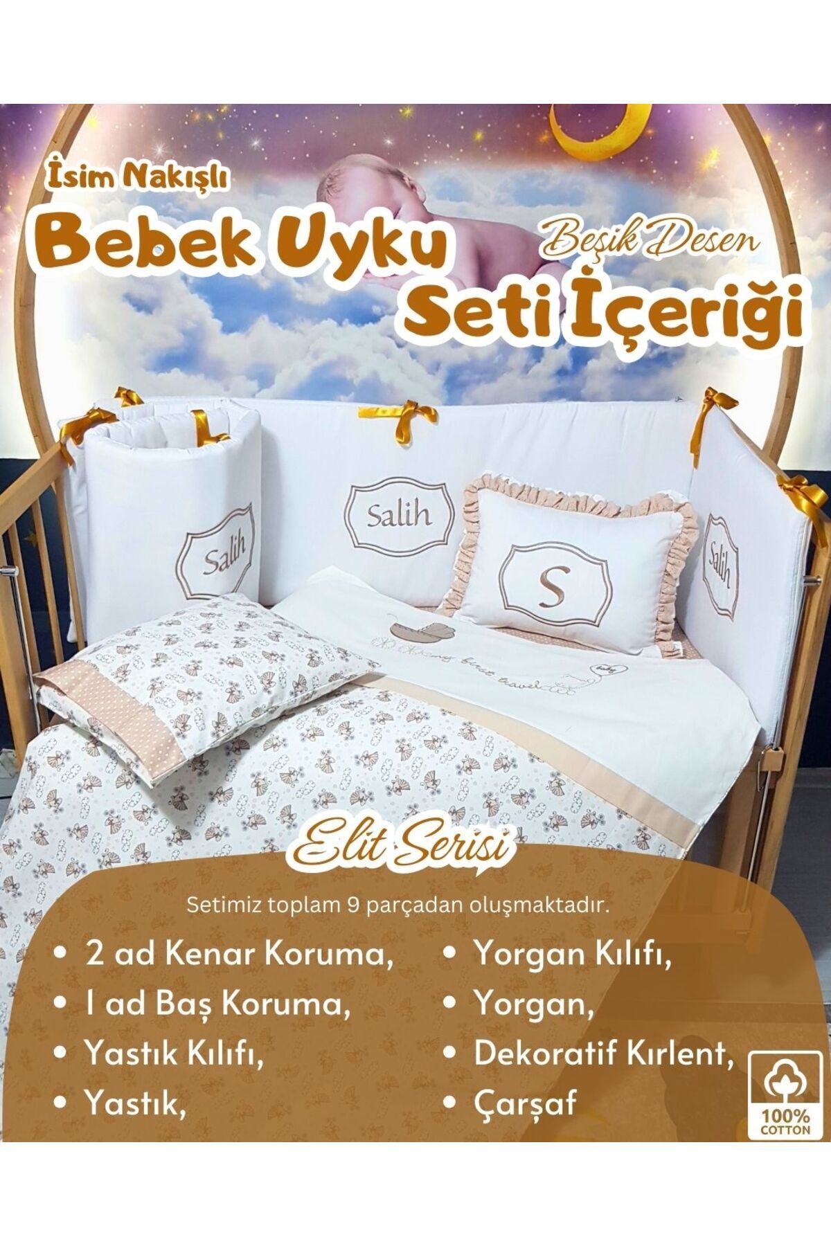 bebek iklimi Elit Serisi 60x120 İsimli Bebek Uyku Seti Pamuklu - Kahve Beşik, Nakışlı Yan Korumalık ve Kırlent