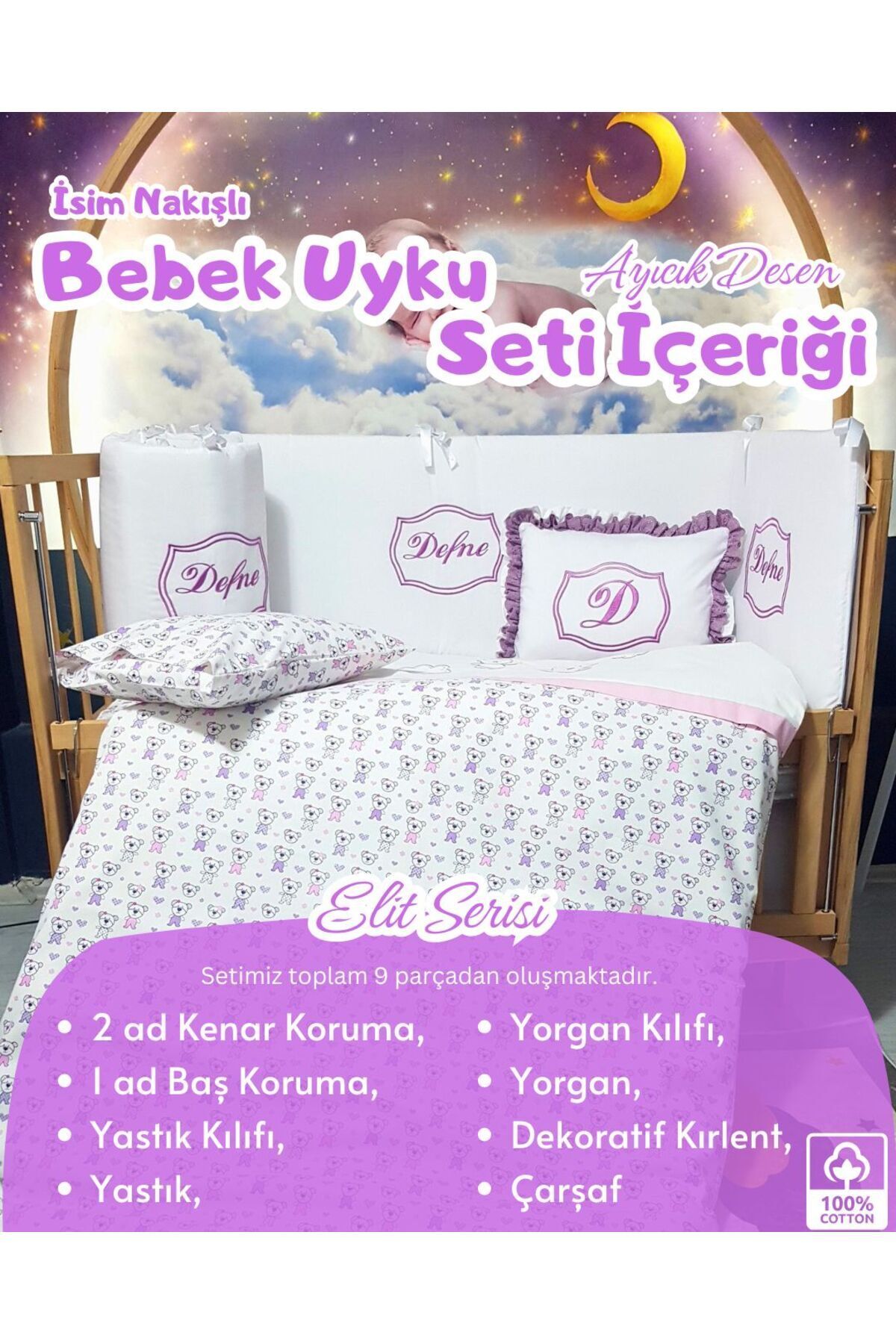 bebek iklimi Elit Serisi 60x120 İsimli Bebek Uyku Seti Pamuklu - Lila Ayıcık, Nakışlı Kenar Korumalık ve Kırlent