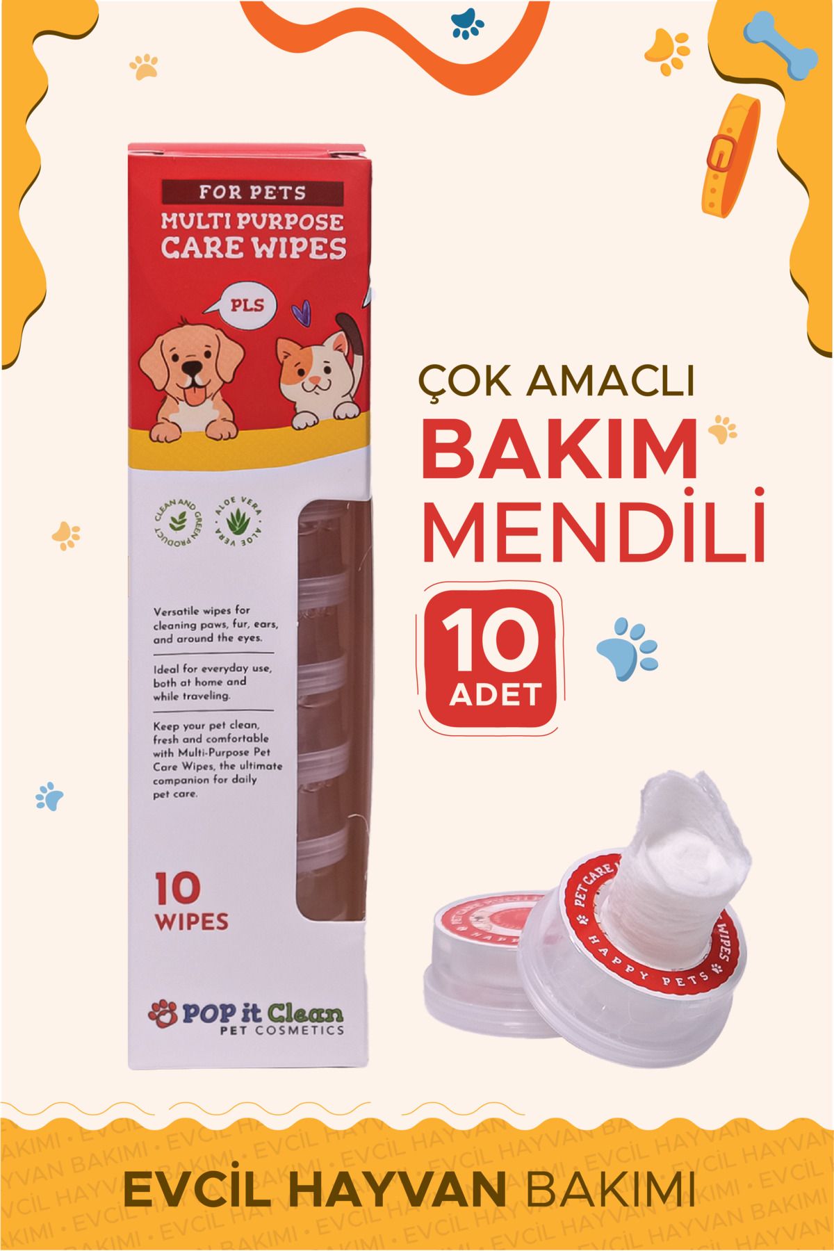 popitclean Evcil Hayvan Kedi & Köpek  Çok Amaçlı Bakım ve Temizleme Mendili