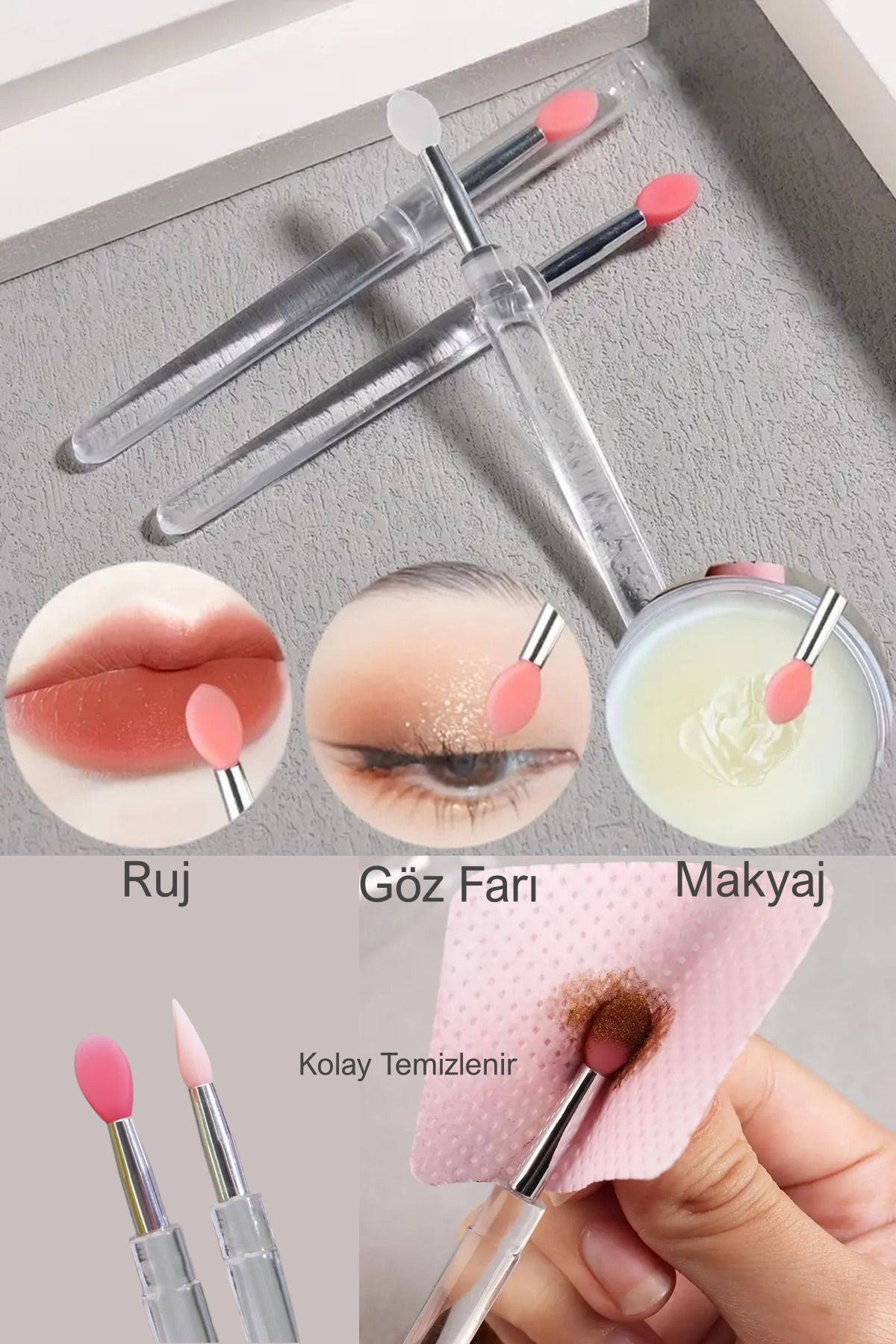 Easy Beauty 3 Adet Hijyenik Yıkanabilir Silikon Makyaj Fırçası Çok Amaçlı Yüz Far Ruj Fondöten Kapatıcı Fırçası