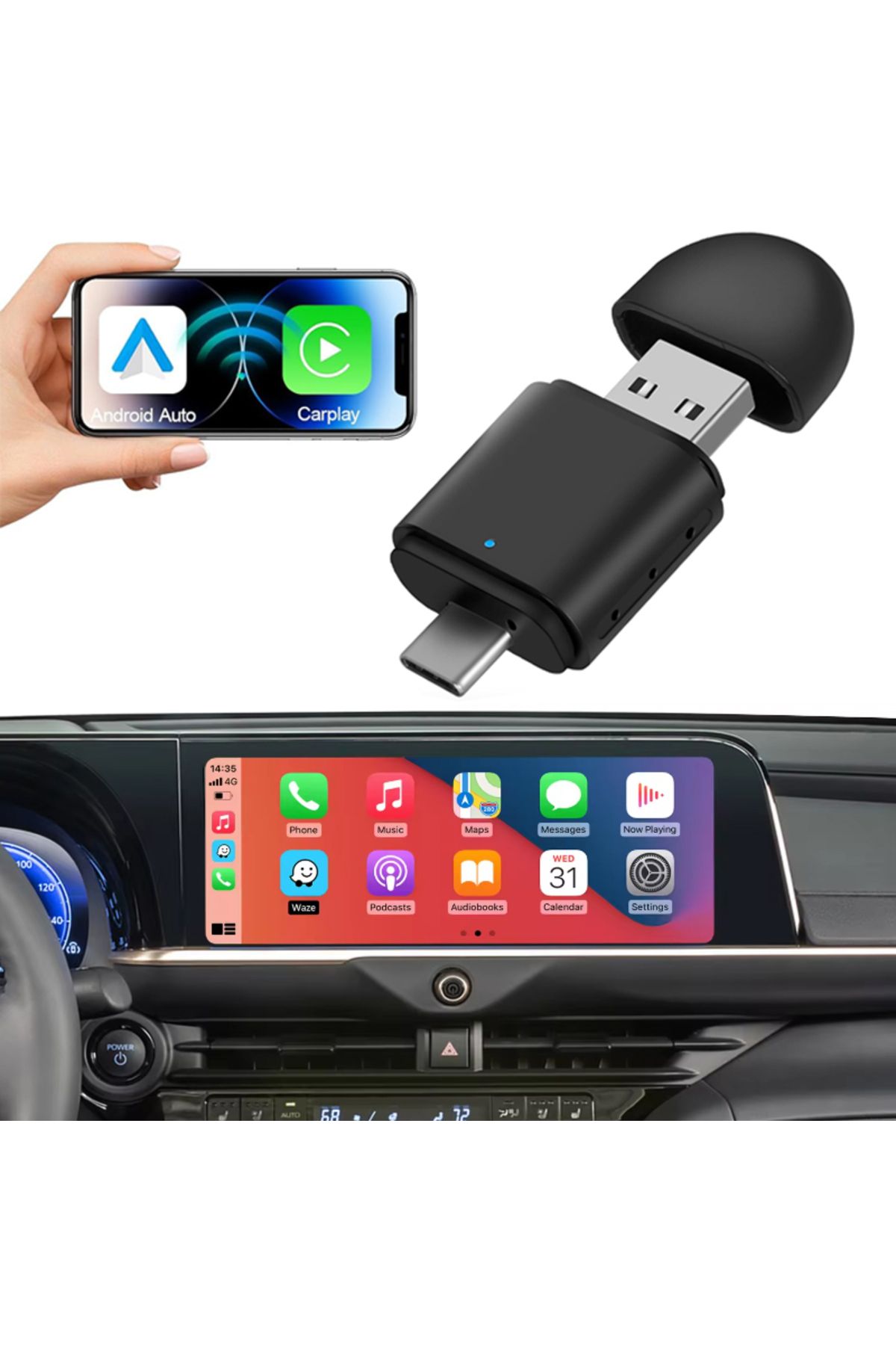 Yeni Tasarım Mini Kablosuz İOS ANDROİD Uyumlu Carplay Usb ve Type-c 2in1 Araç Multimedya Adaptörü - 3