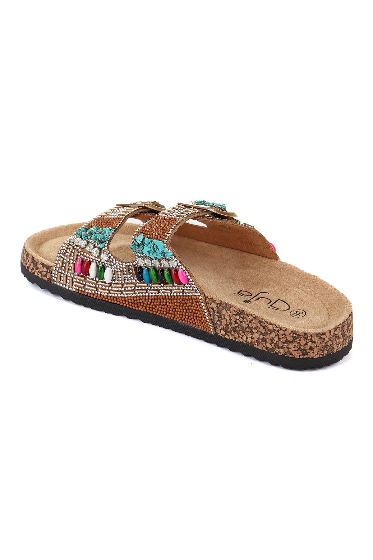 Vojo-Toledo Anatomical Sole Stoned Bead Detailed Tan Women's Slippers Daily Sea Beach Slippers 6