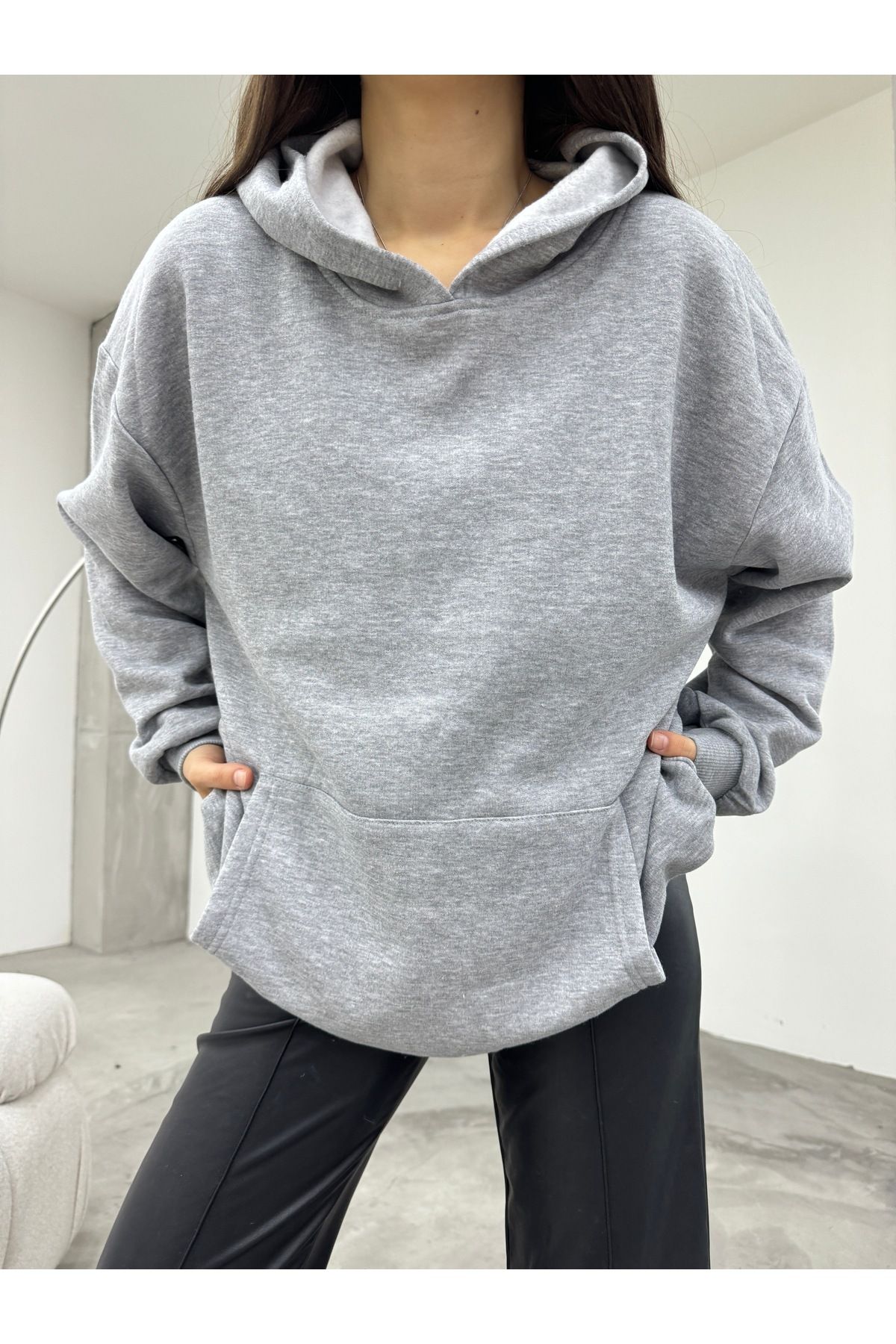 BİKELİFE Damska Szara Bluza Oversize Z Kapturem W Kolorze Różowego Złota, Z Trzema Nitkami Kobieta - M