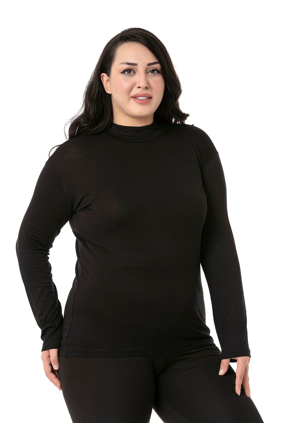 DISENTIS MODEST Büyük Beden Yarım Balıkçı Uzun Kollu Viskon Siyah Body görsel 4
