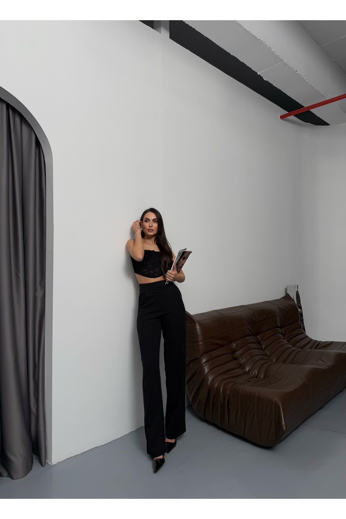 COMBİNE MİCHAİL-Black Line Lycra Velcro Closure Palazzo Women's Trousers 5