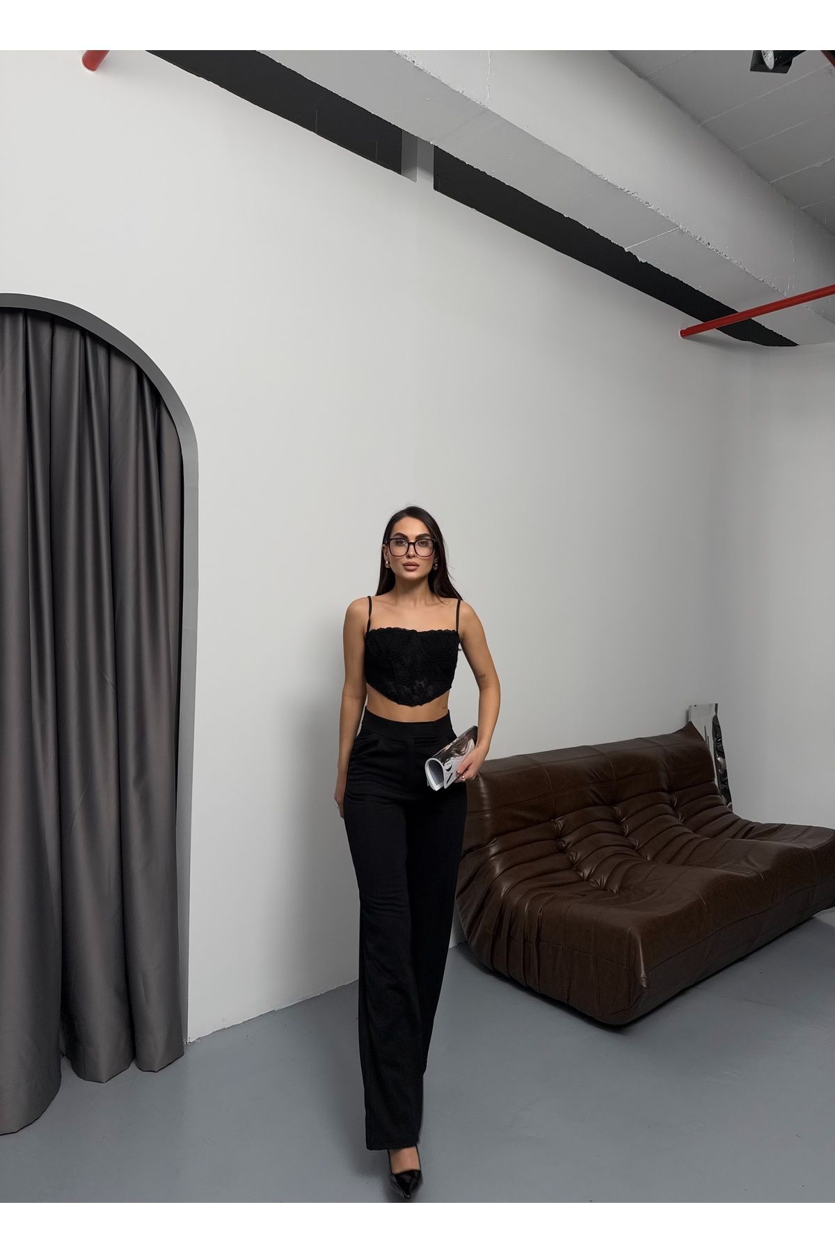 COMBİNE MİCHAİL-Black Line Lycra Velcro Closure Palazzo Women's Trousers 4