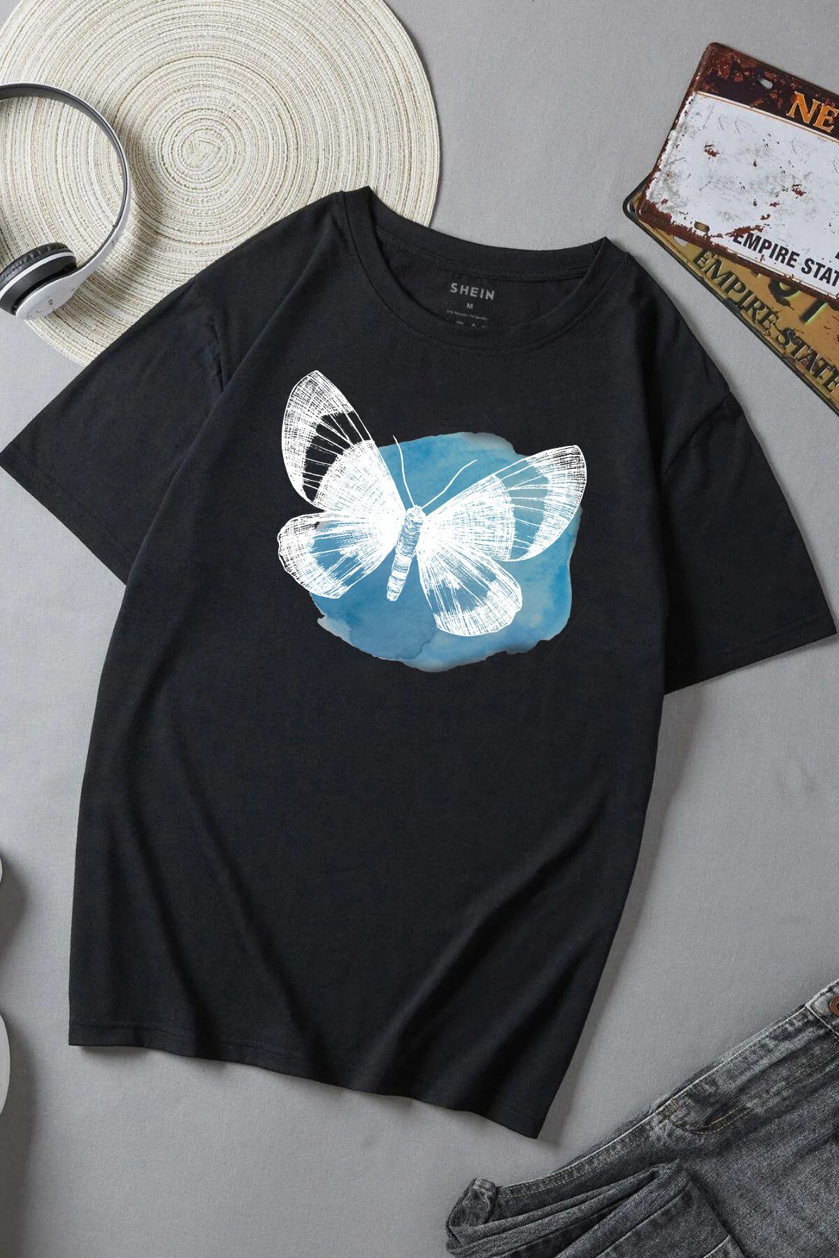 JAMPY Unisex Siyah Kelebek Baskılı Oversize T-shirt