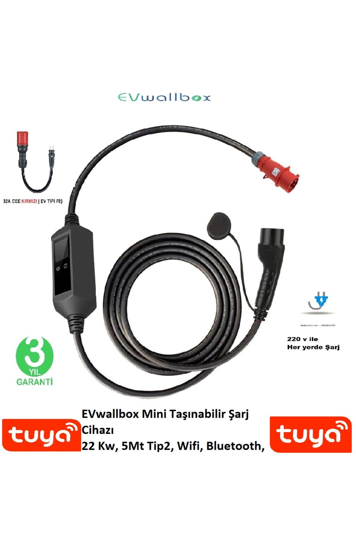 EVwallbox 22 Kw Taşınabilir 5mt Tip2 Kablo+WİFİ+Bluetooth+Mobil Uygulama