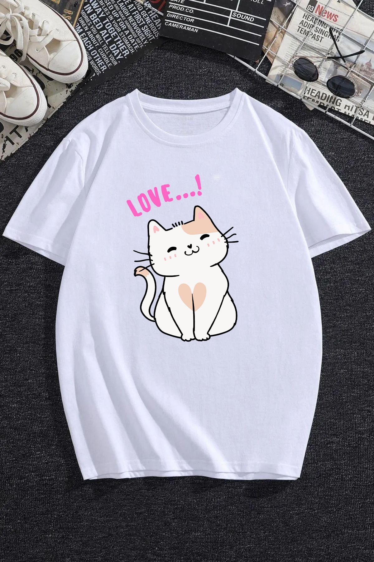 JAMPY Unisex Beyaz Cat Baskılı Oversize T-shirt