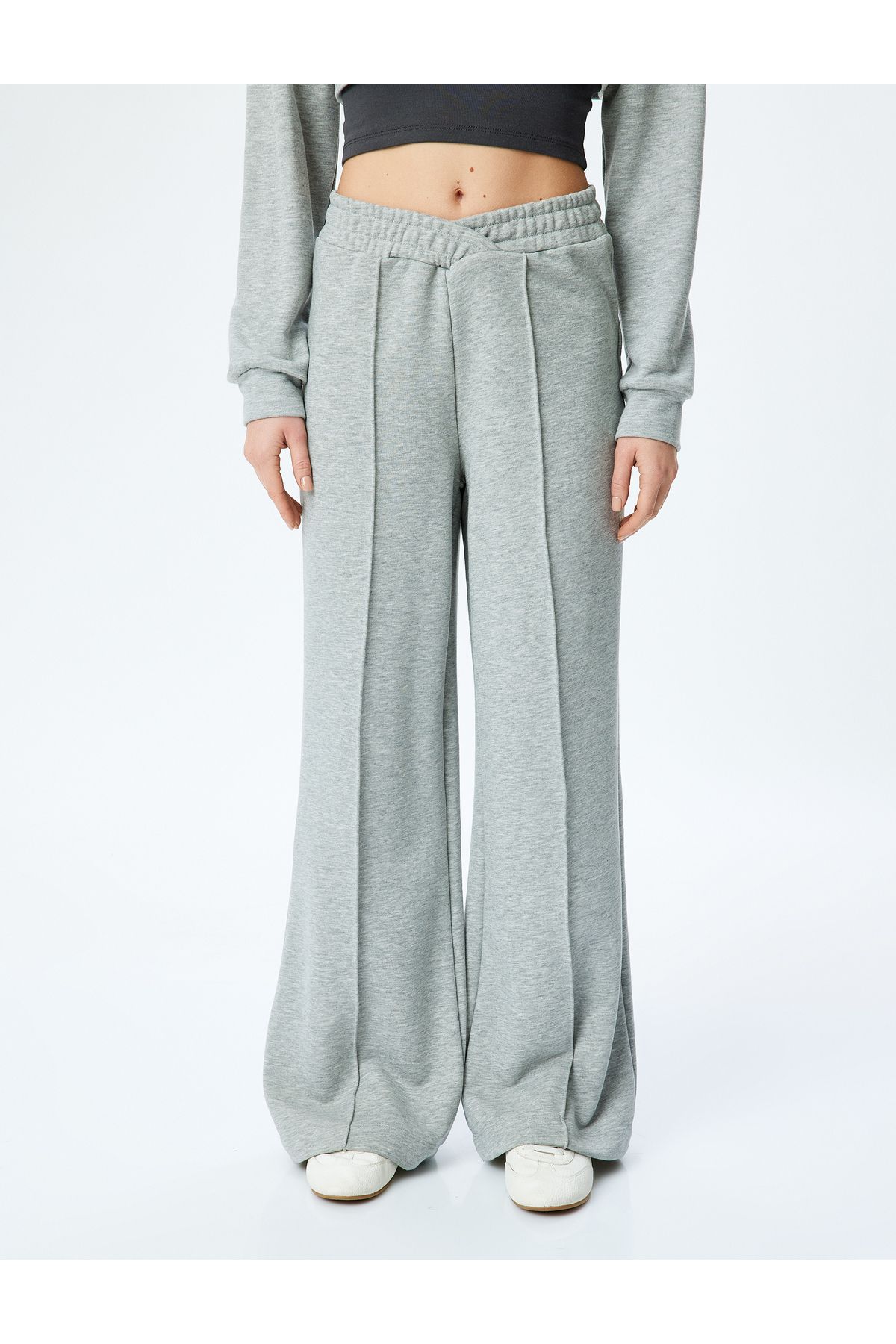 Koton-Ribbed Wide Leg Sweatpants with Asymmetrical Waist Detail 3