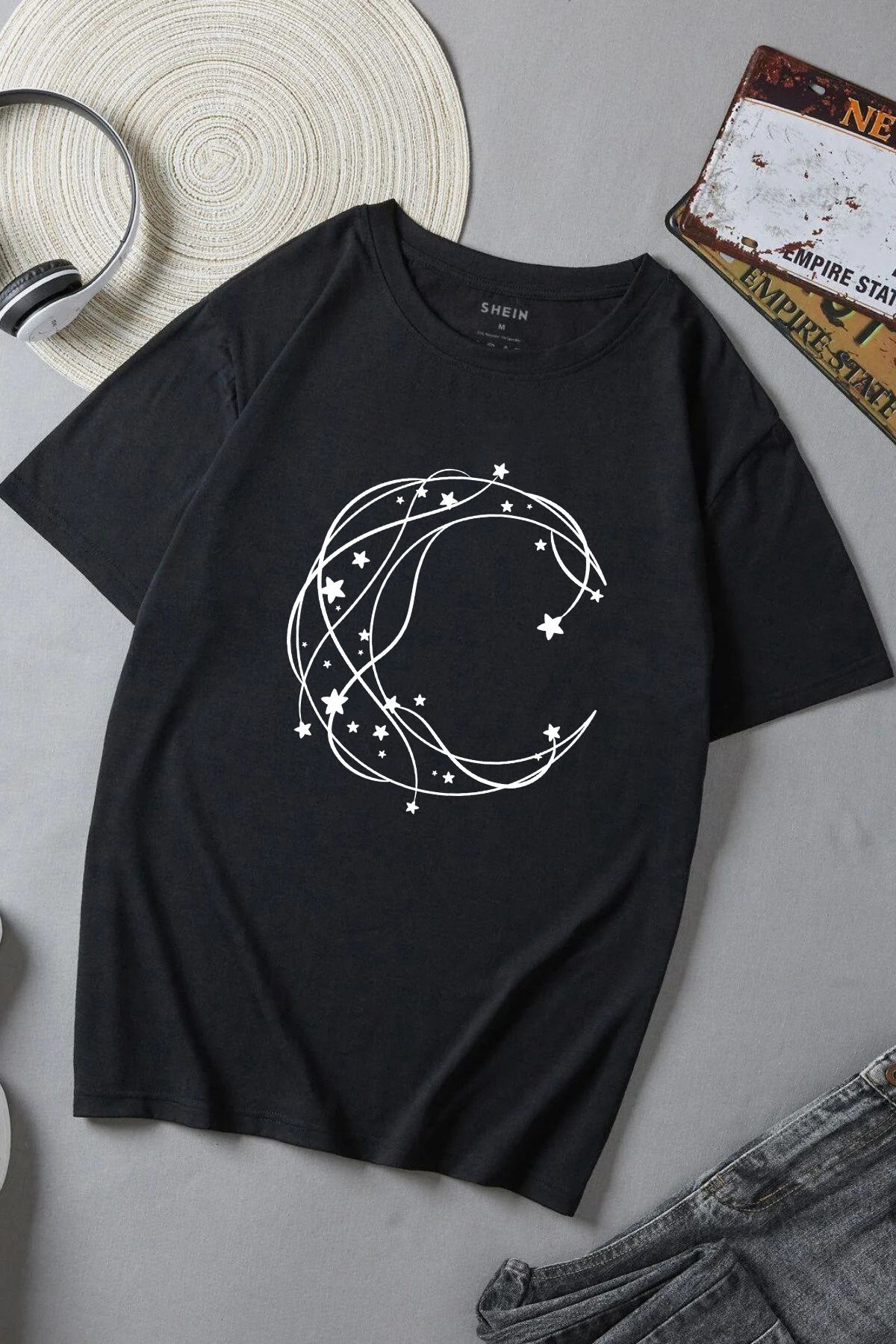 JAMPY Unisex Siyah Ay Baskılı Oversize T-shirt