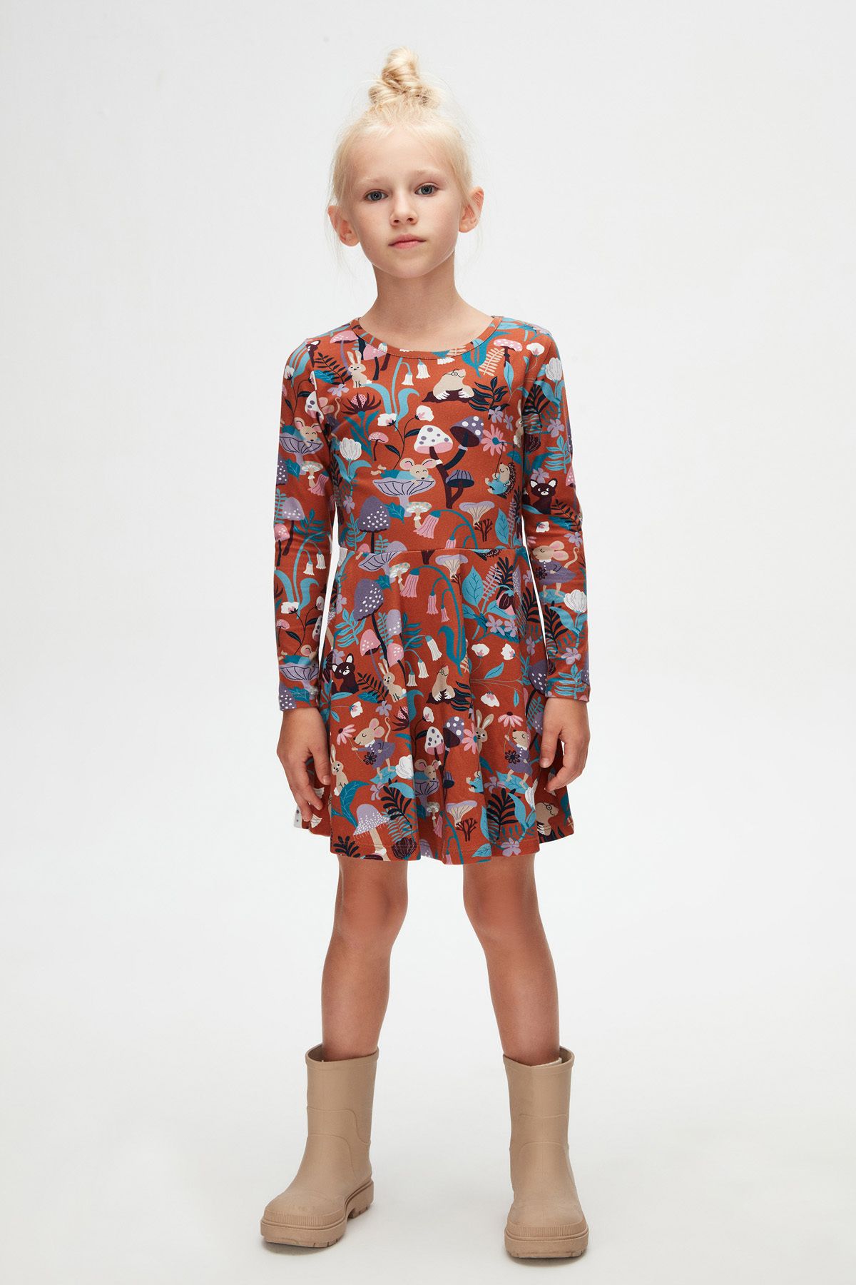 LOVETTI-Brown Girl's Forest Animals Pattern Long Sleeve Dress 3