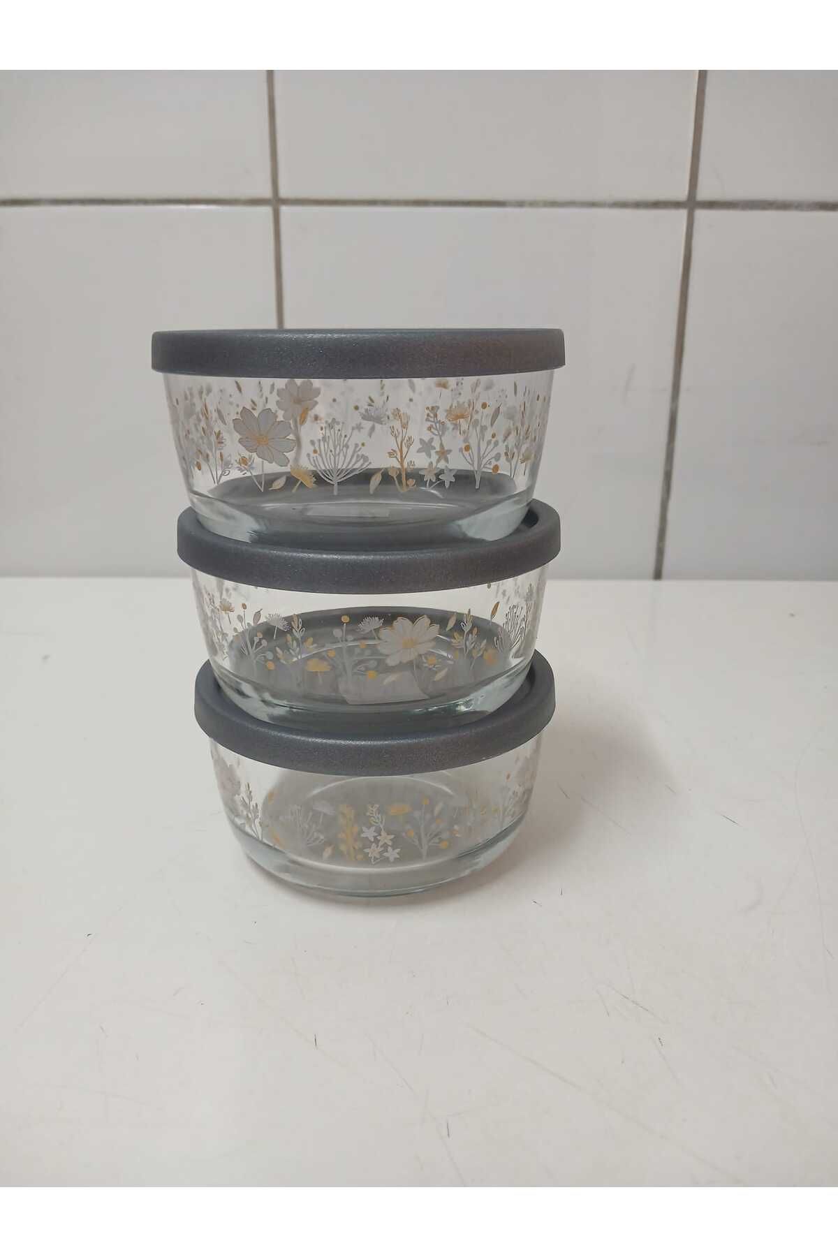 LAV-Feyzade Round 3 Pieces Flower Patterned Anthracite Lid 800Cc Storage Container 2