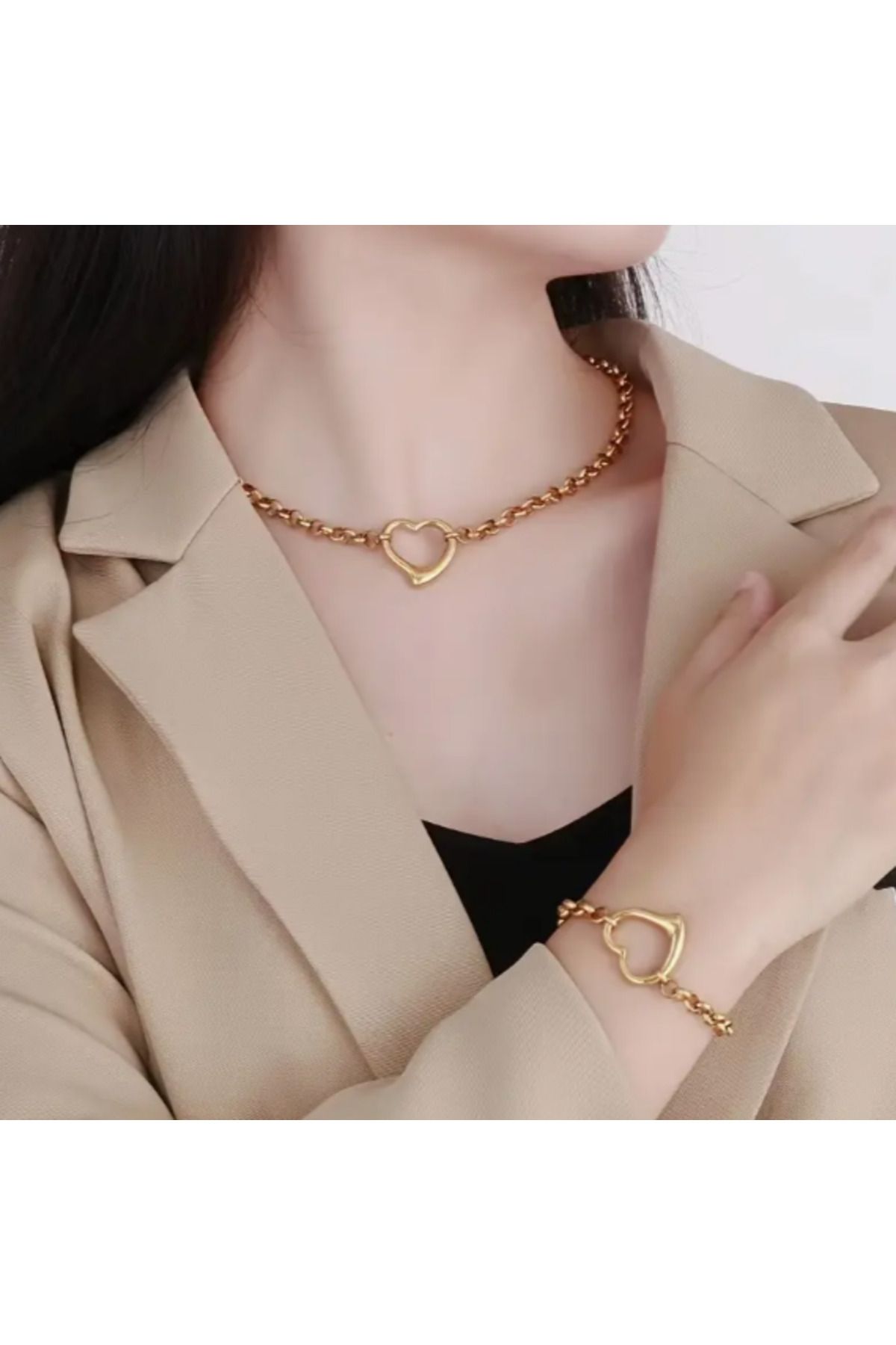 SE Jewellery 22 Ayar Gold Rengi Şık Kalpli Kolye Bileklik Set