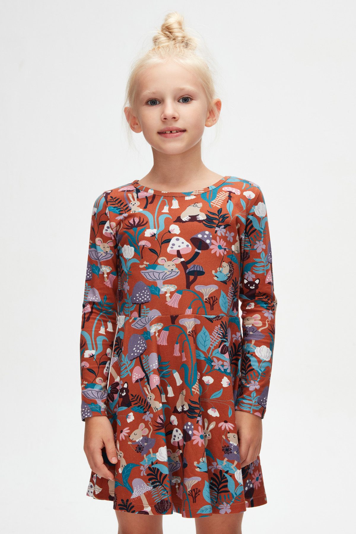 LOVETTI-Brown Girl's Forest Animals Pattern Long Sleeve Dress 4