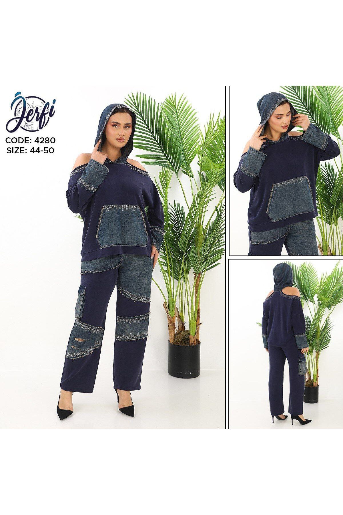 JERFİ-Plus Size Top and Bottom Set - Dark blue - Oversize 2